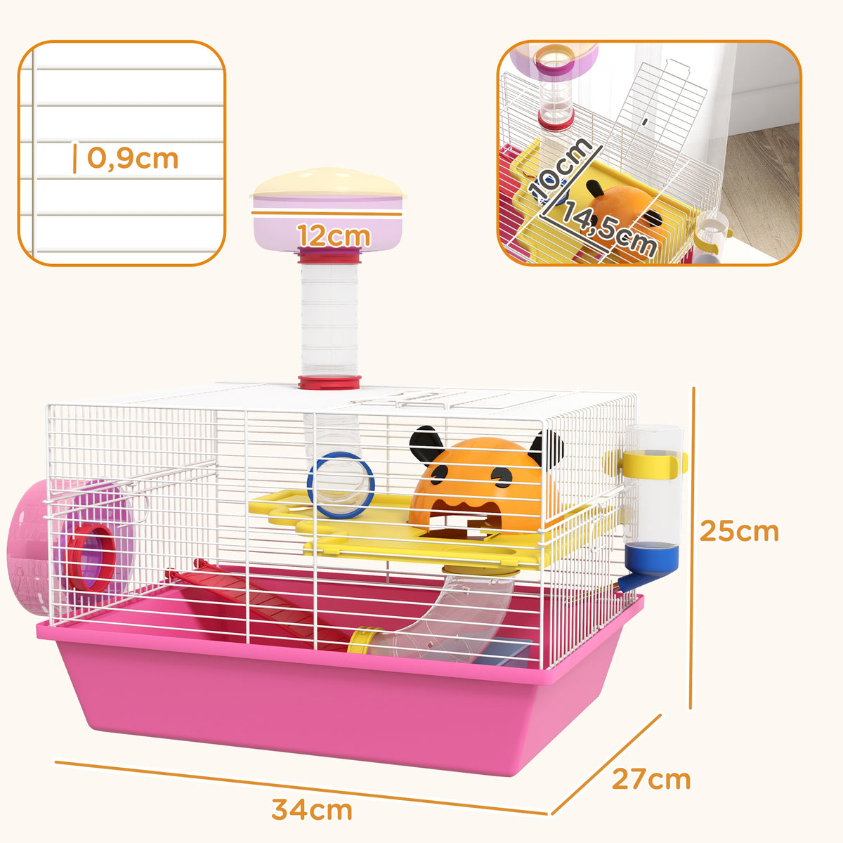 Cage à hamster rat rongeur multicolore avec plateforme, biberon eau, roue, maisonnette, 34 x 27 x 25 cm, rose