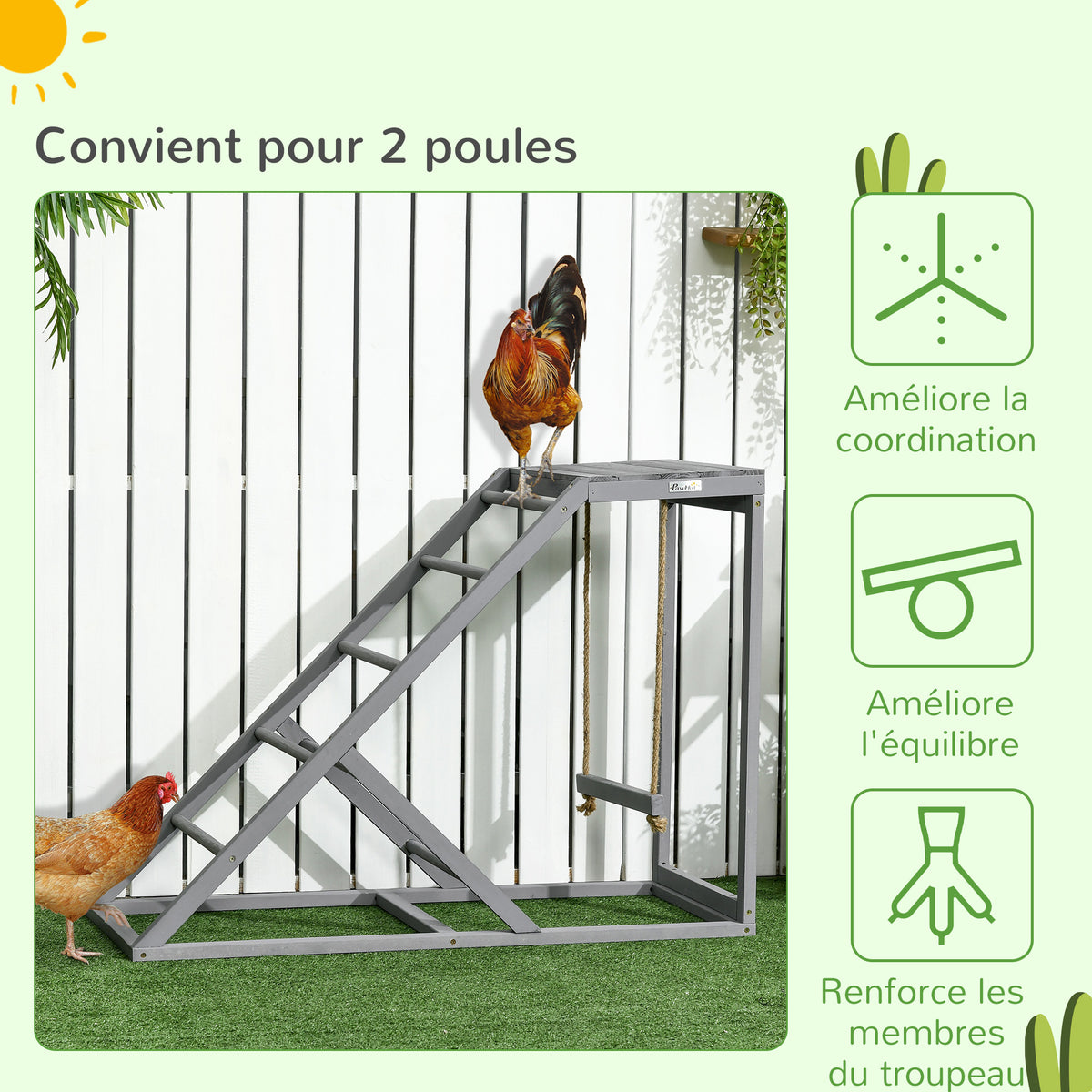 Perchoir en bois pour poule, aire de jeux en bois pour poules avec balançoire, échelle, plateforme, 96 x 40 x 71 cm, gris