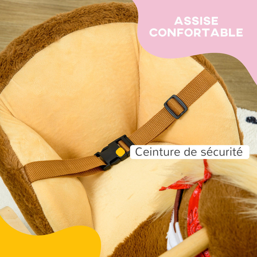 Cheval à bascule jouet à bascule fauteuil intégré ceinture de sécurité fonction sonore hennissement 18-36 mois marron