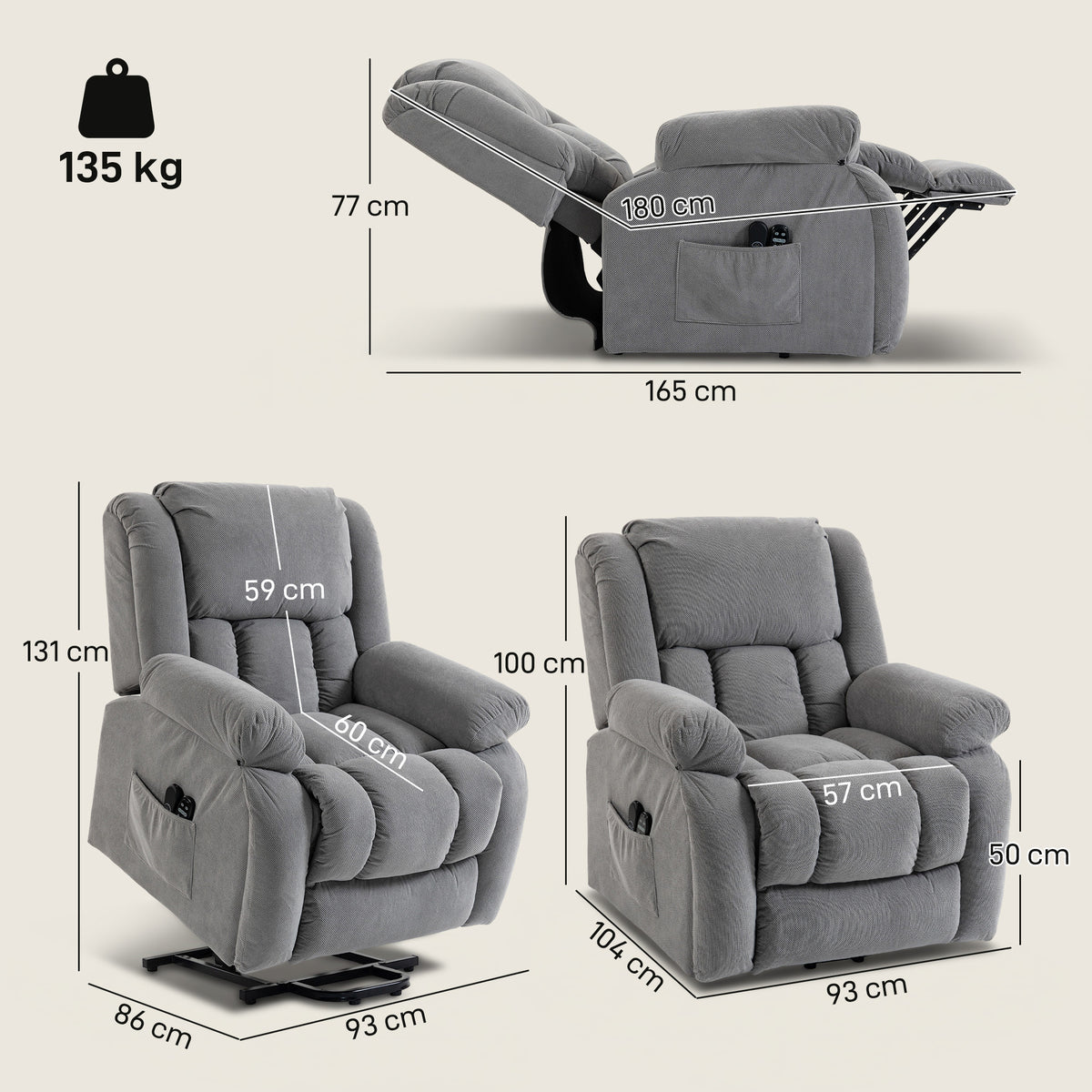 Fauteuil releveur électrique massage et chauffage avec repose-pied, dossier inclinable, télécommande et poche latérale