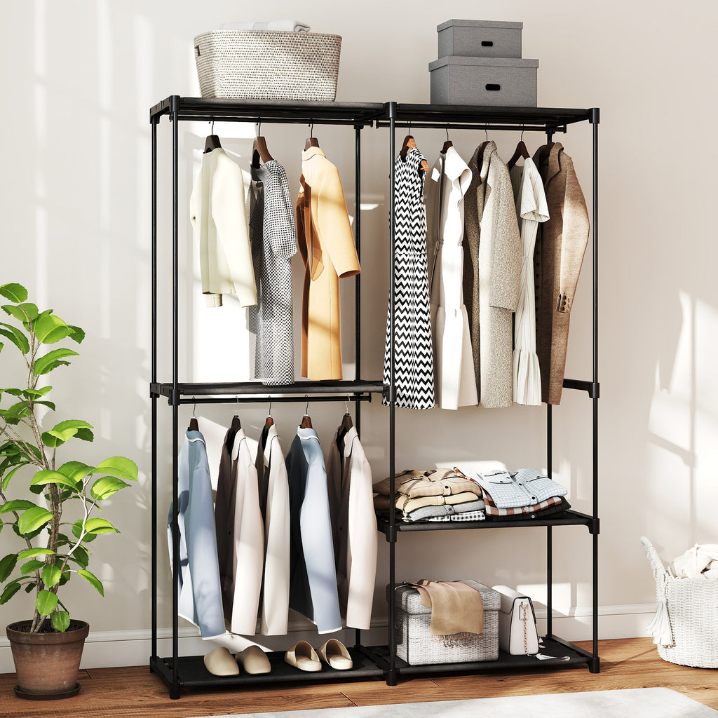 Armoire de rangement, penderie portable avec 3 barres de suspension et 4 étagères, 142 x 43 x 185 cm, noir