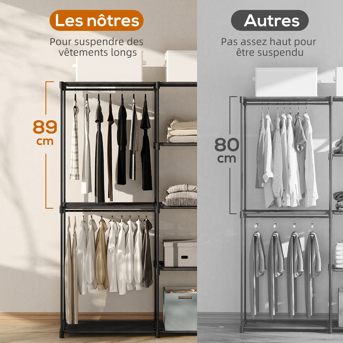 Armoire de rangement, penderie portable avec 3 barres de suspension et 4 étagères, 142 x 43 x 185 cm, noir