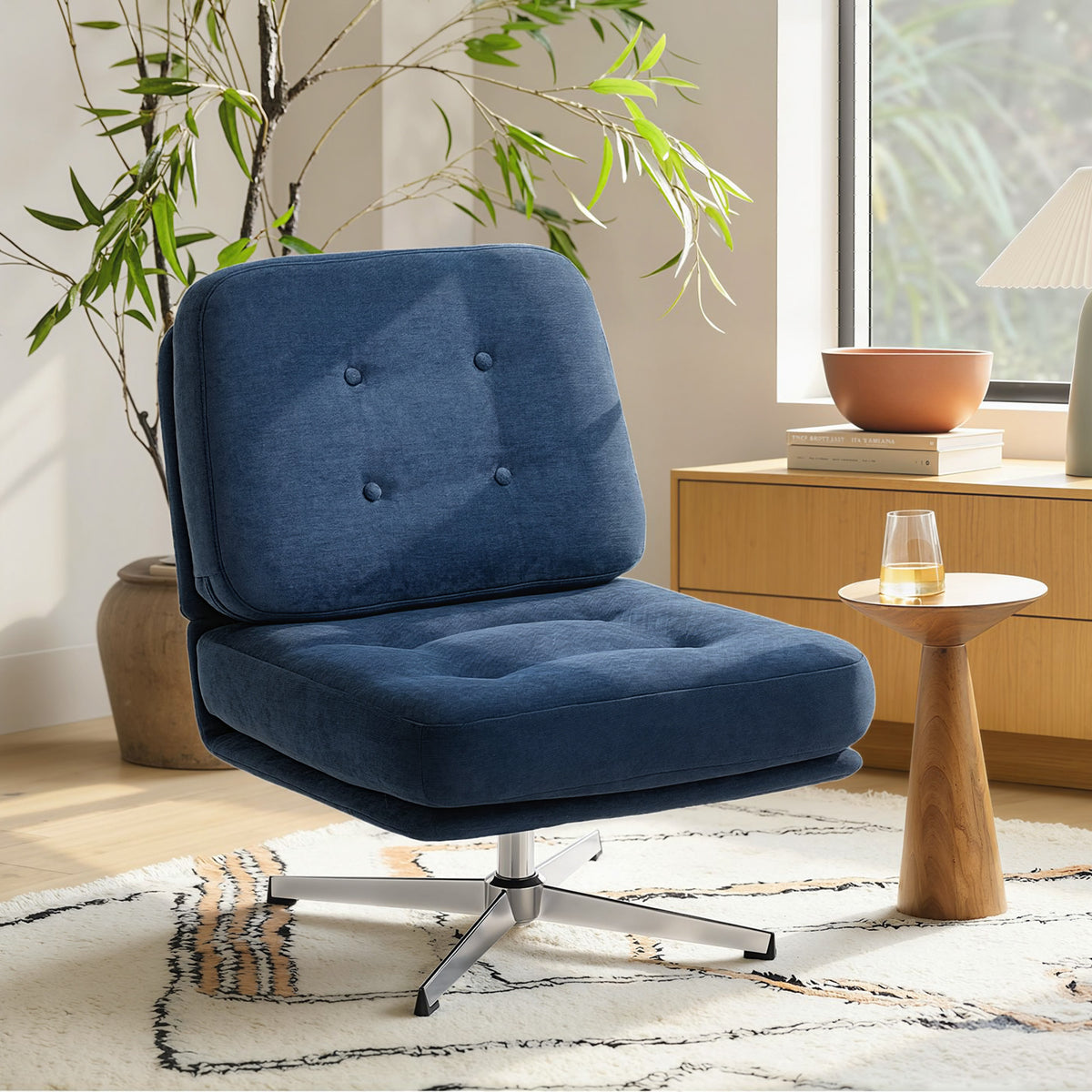 Fauteuil salon sans accoudoir chaise pivotante en tissu chenille assise large, pieds croisés 70 x 87 x 84 cm bleu foncé