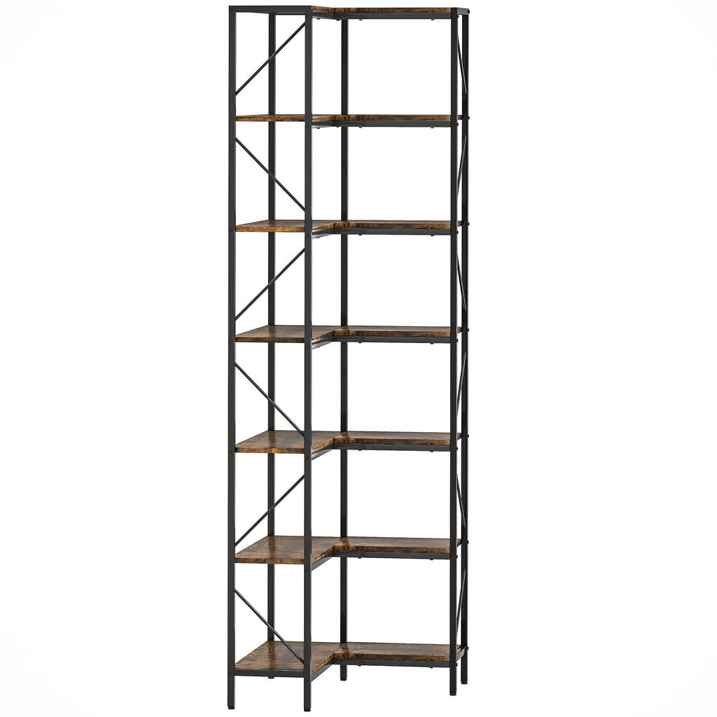 Bibliothèque d'angle à 7 niveaux industriel avec étagères de rangement, 60 x 60 x 198 cm, brun rustique