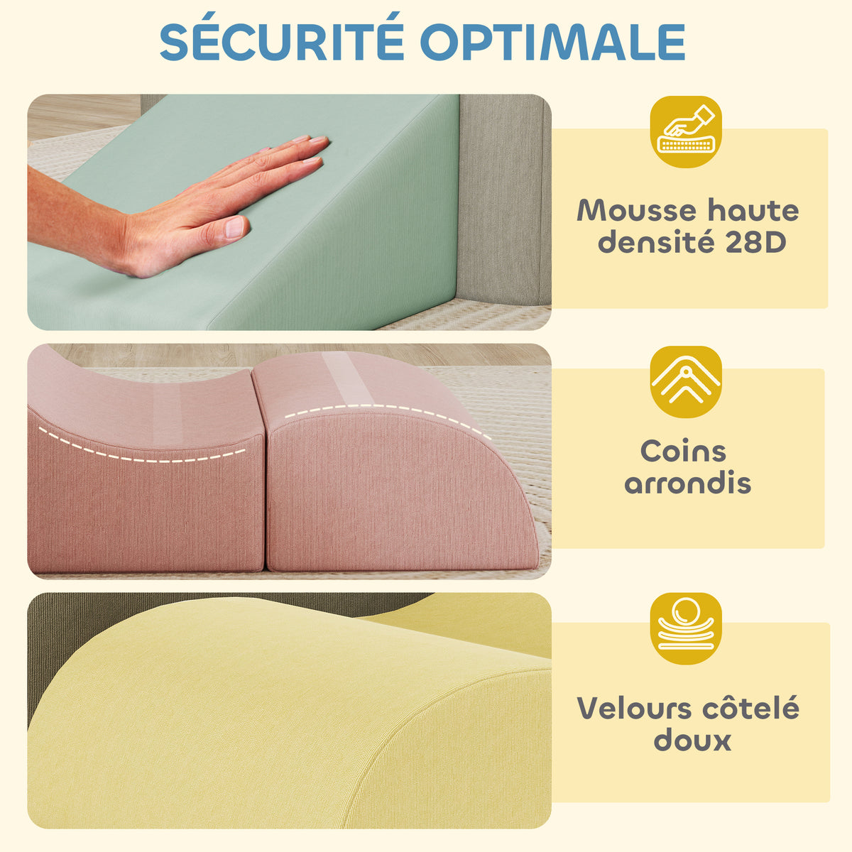 Parcours motricité bébé modulable en mousse 7 pièces housse lavable en velours côtelé 174 x 174 x 30 cm multicolore