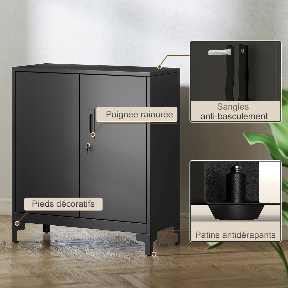 Armoire de bureau à 2 niveaux, meuble de rangement bureau métallique avec 2 portes verrouillables, 80 x 35 x 91 cm, noir