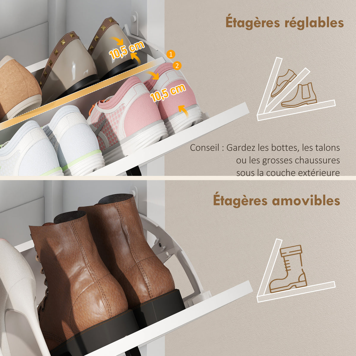 Meuble à chaussures 18 paires, armoire à chaussures étroite avec 3 tiroirs rabattables et étagères réglables, blanc