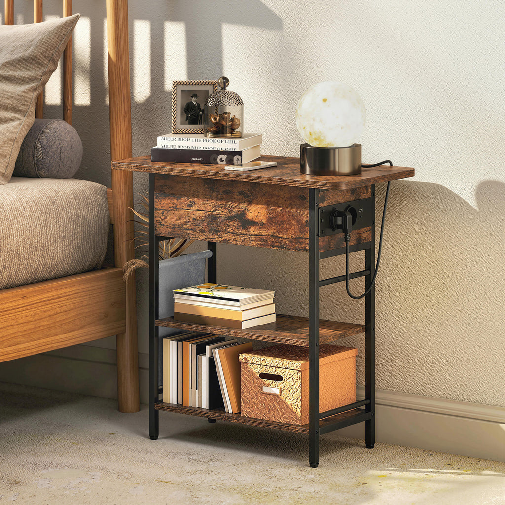 Table d'appoint bout de canapé avec station de charge et sac de rangement, 60 x 29,8 x 58,5 cm, brun rustique