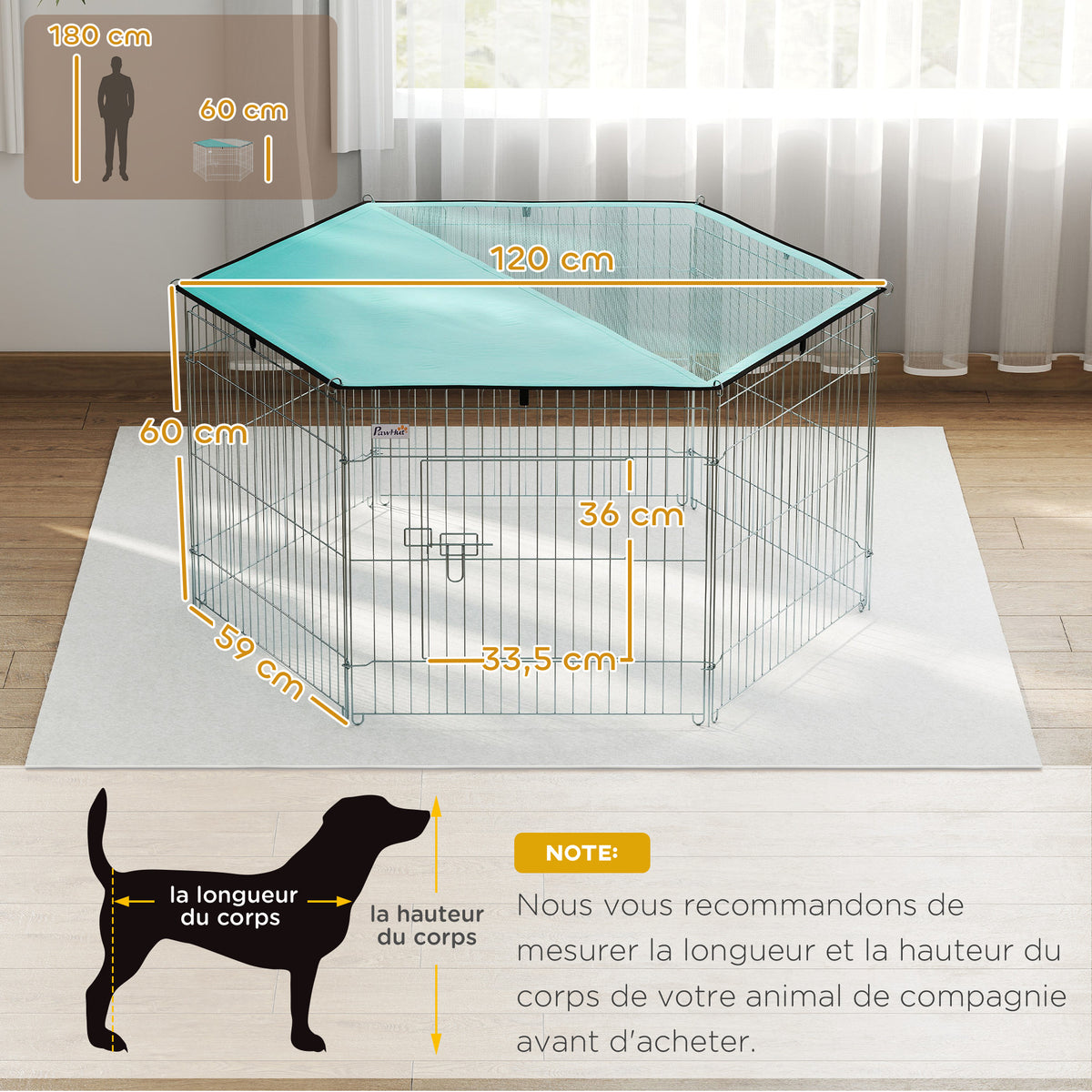 Parc pour chien, enclos chien 6 panneaux avec toit, modulable et pliable, enclos portable 60H cm avec porte, clôture pour chat, chiens de petit taille, intérieur et extérieur, argent, vert