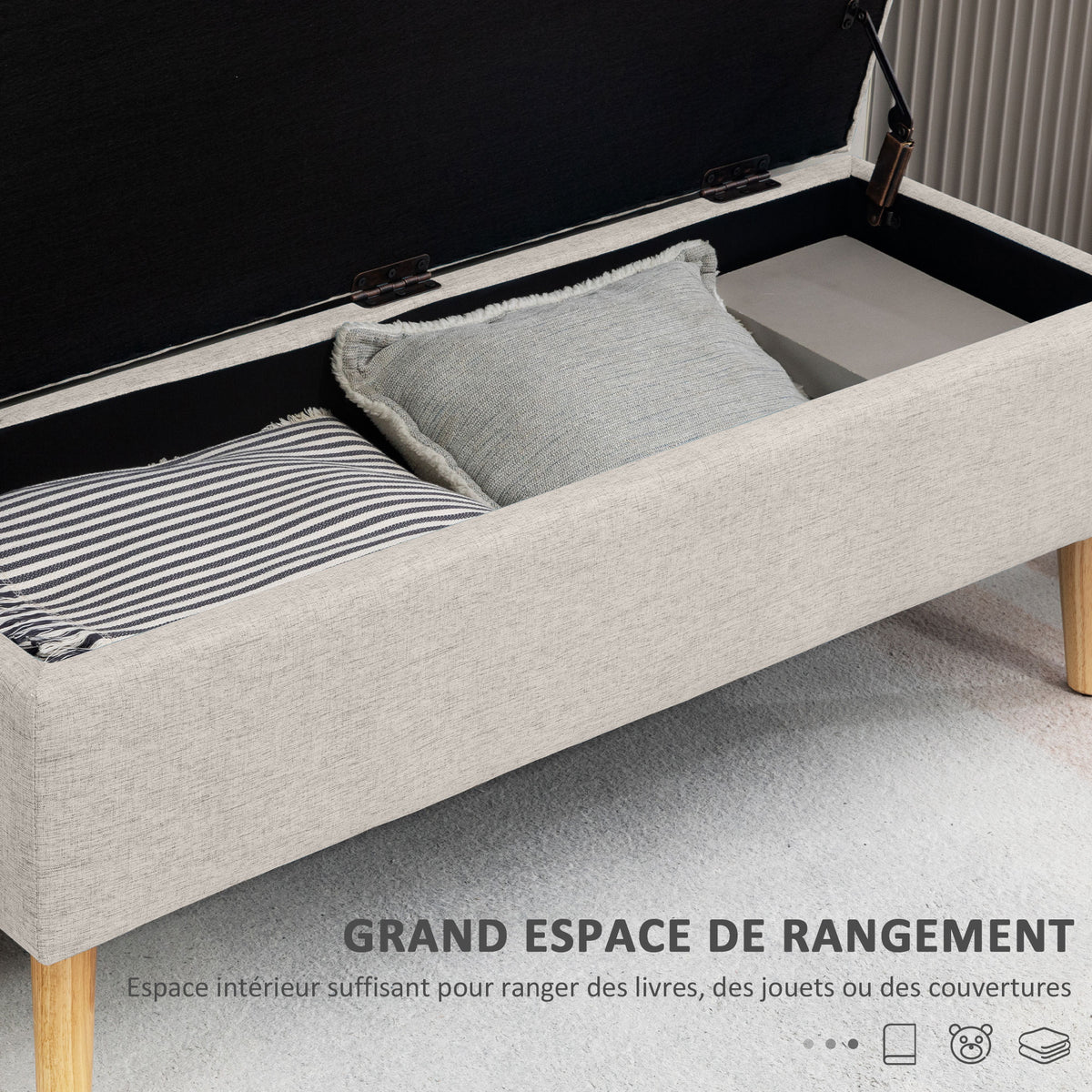 Banc coffre rangement rembourré aspect lin pour chambre à coucher, entrée, salon, charge 220 Kg, 110 x 39 x 45 cm, beige