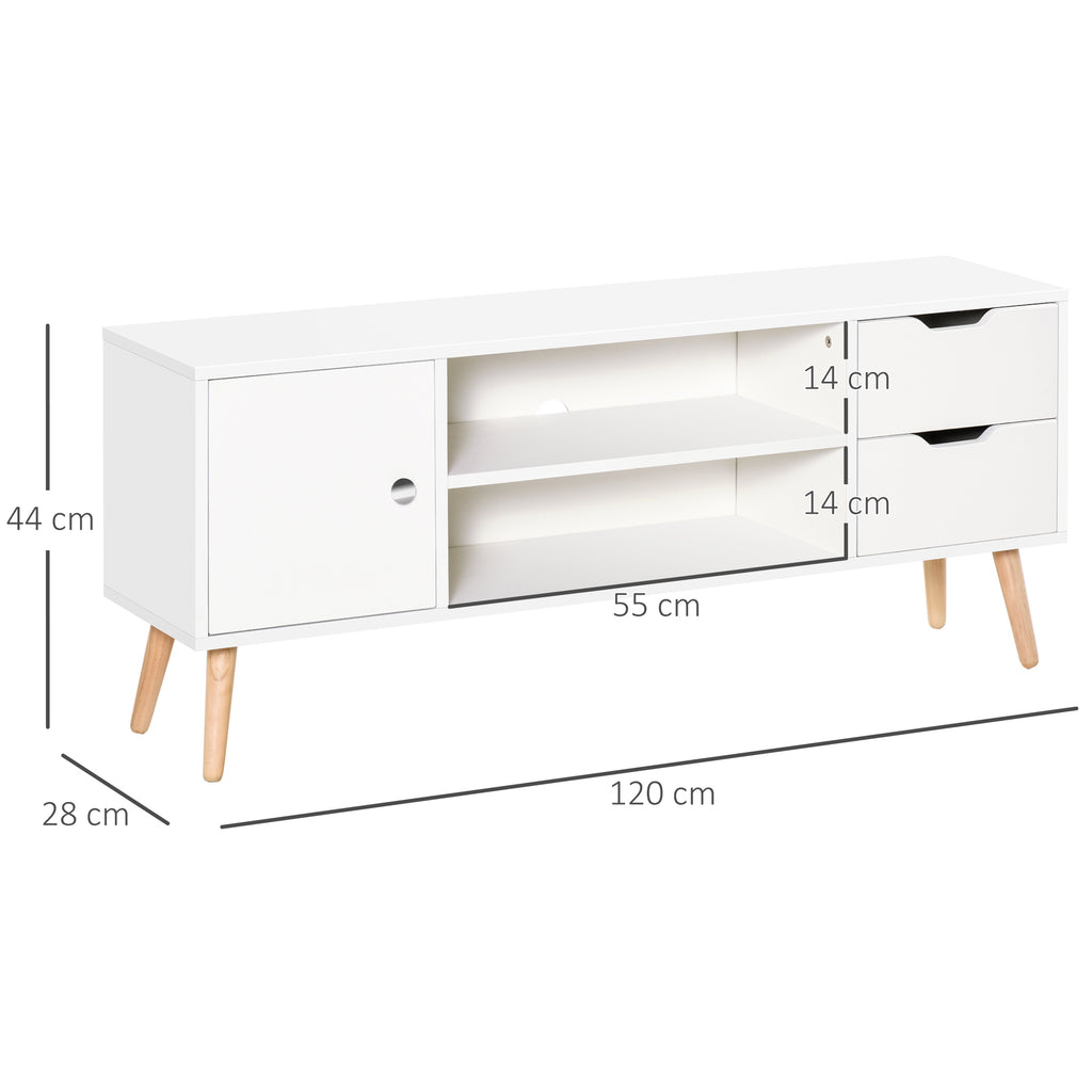 Meuble TV Banc TV Style scandinave Placard 2 niches 2 tiroirs Passe-Fils Panneaux Particules Blanc Bois pin