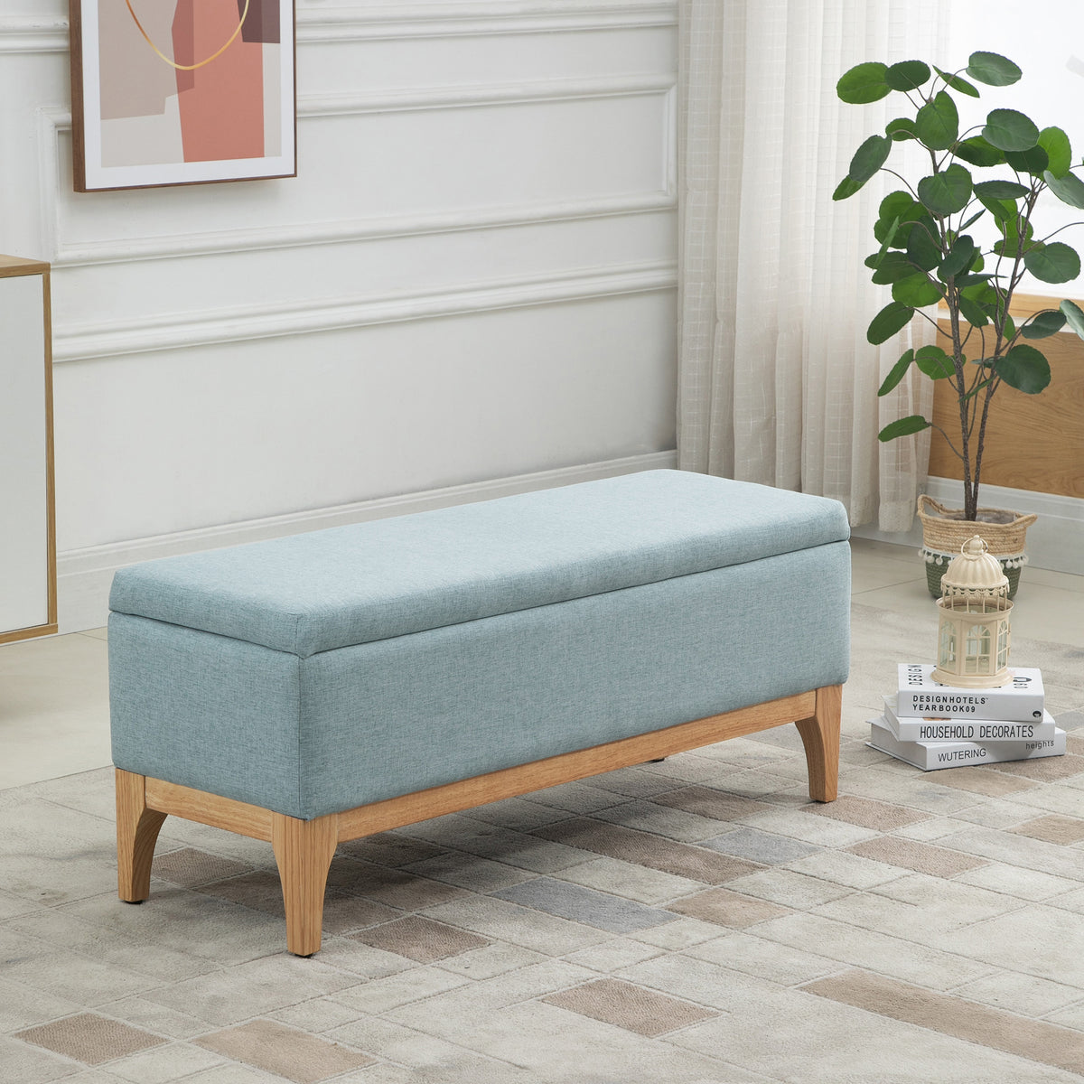 Banc de rangement, coffre de rangement avec couvercle amovible style scandinave, bout de lit en tissu lin, 110 x 39 x 45 cm, vert clair