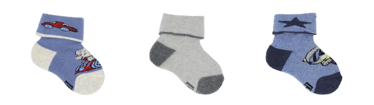 Chaussettes Bébé Fantaisie en Coton Écologique - Bleu, Beige (3 paires)