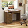 Bureau Informatique avec 5 Tiroirs, 110 x 50 cm, Bureau avec Rangement, Étagère Ouverte, Tiroir Verrouillable, Noyer