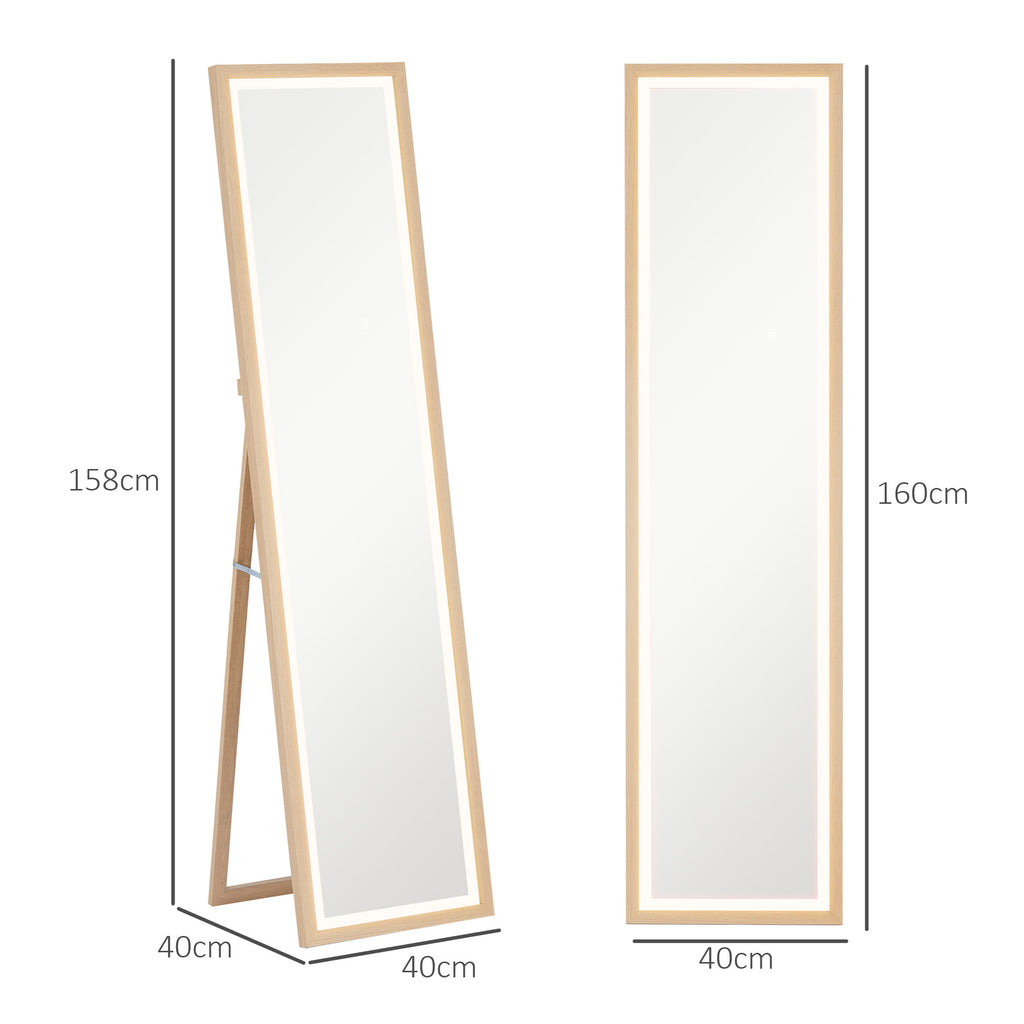 Grand miroir pleine longueur, miroir mural ou sur pied rectangulaire, 40 x 160 cm avec éclairage LED 3 couleurs, chêne