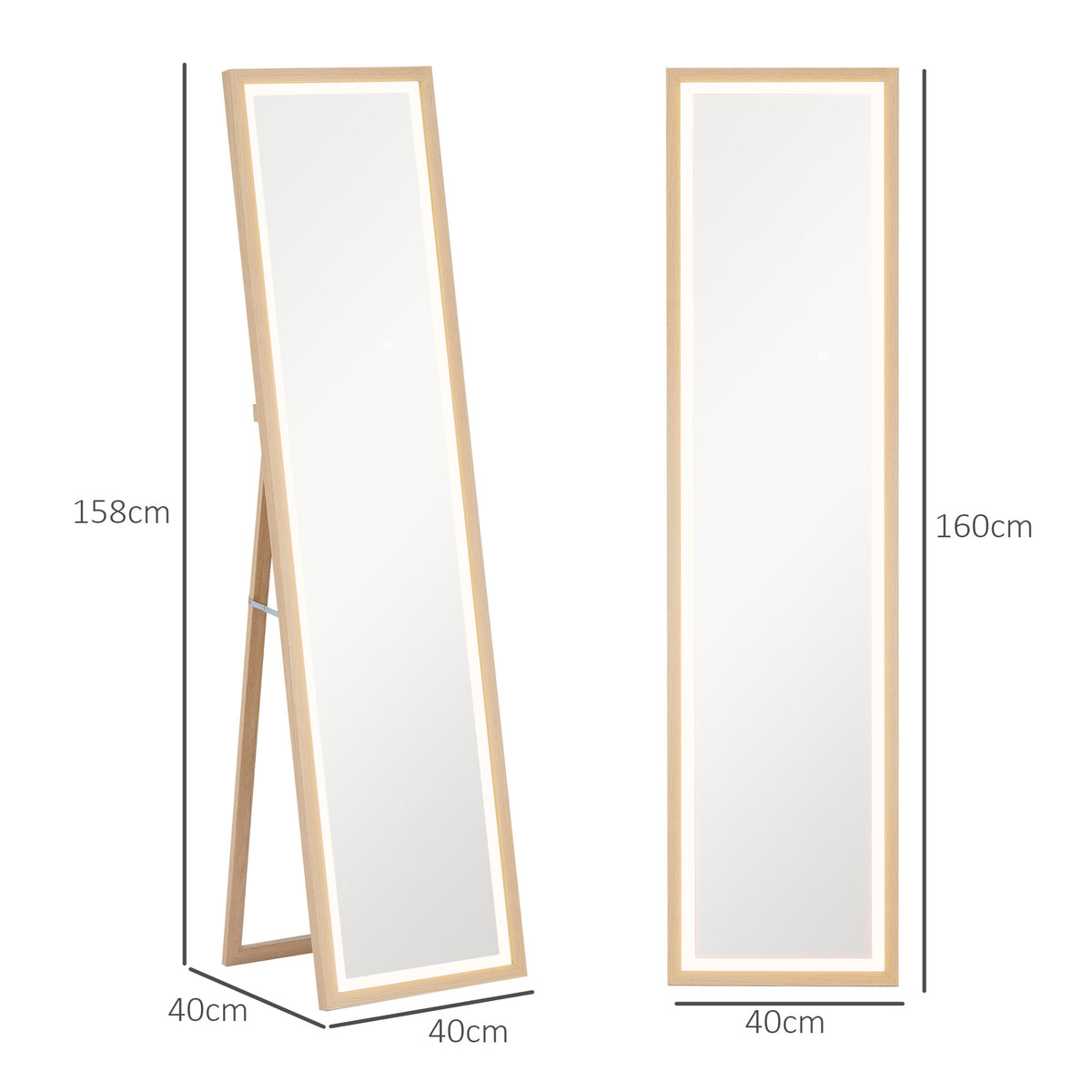 Grand miroir pleine longueur, miroir mural ou sur pied rectangulaire, 40 x 160 cm avec éclairage LED 3 couleurs, chêne