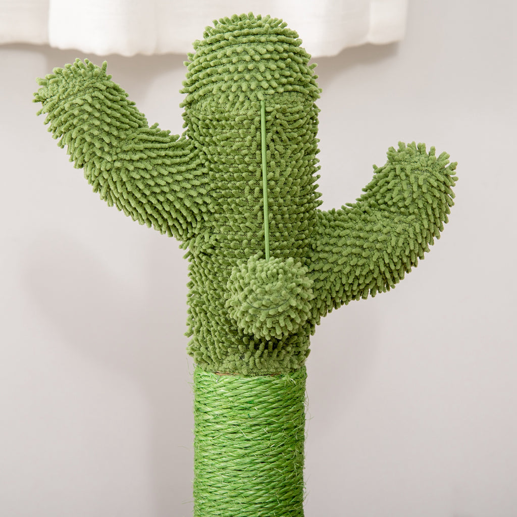 Arbre à chat griffoir forme de cactus en sisal naturel pompon suspendu et plateforme de jeu boules Ø 32 x 60 cm vert
