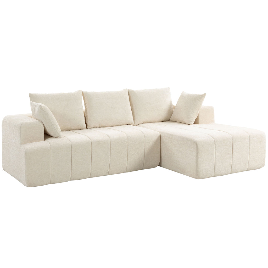 Canapé d'angle 256 cm avec méridienne, canapé-lit 3 places en chenille forme de L, assise et accoudoirs larges, beige