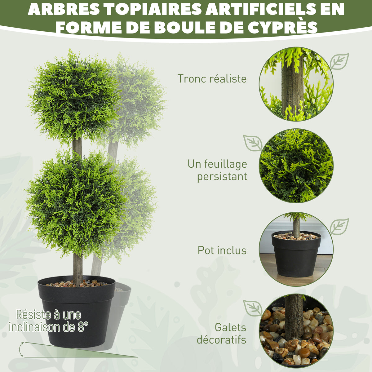 Lot de 2 plantes artificielles décoratives, boules de buis artificiel 60 cm avec pot, plastique, vert