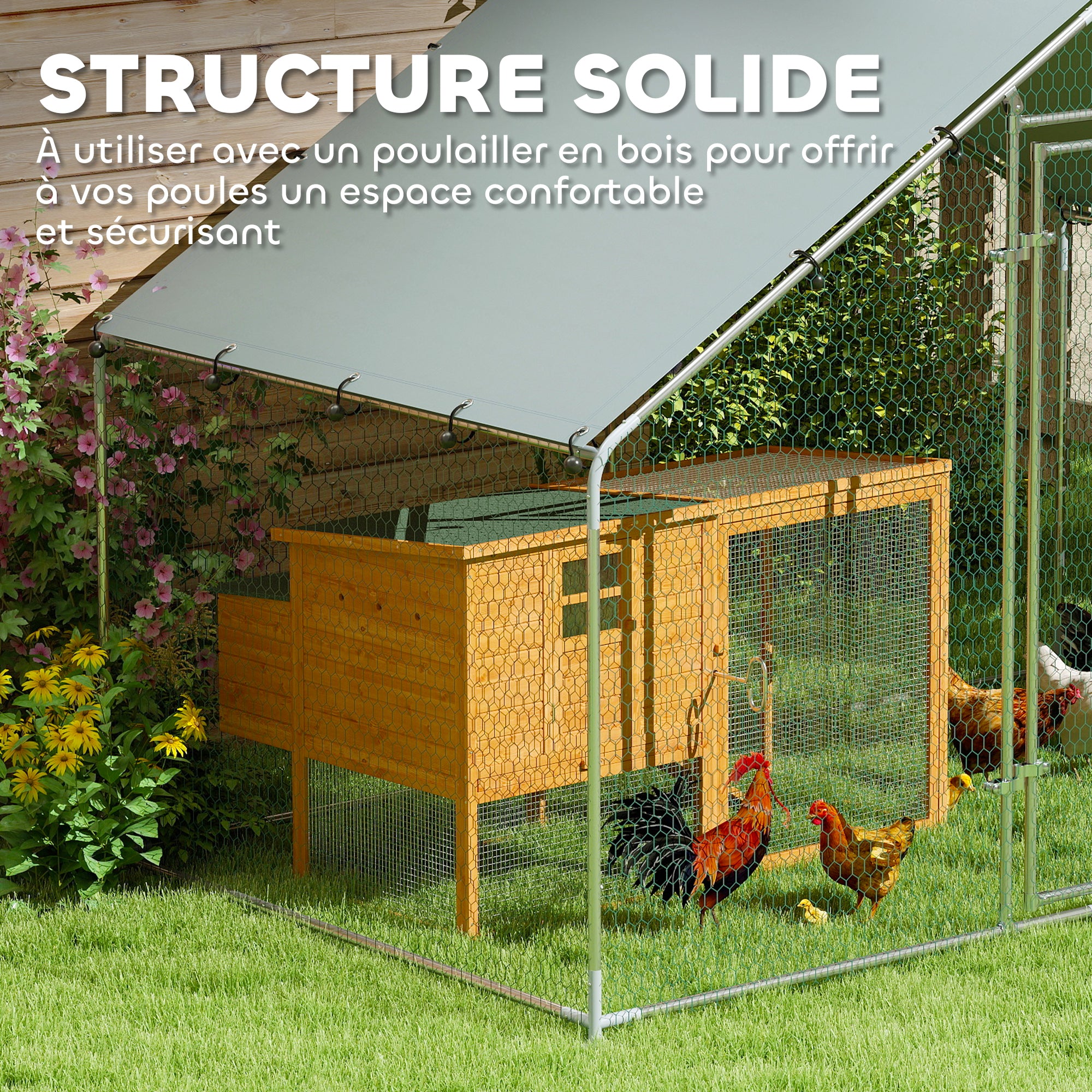 Poulailler, grand poulailler en métal avec couverture imperméable et anti-UV, cage pour 5-8 poules, 3 x 1,7 x 1,9m