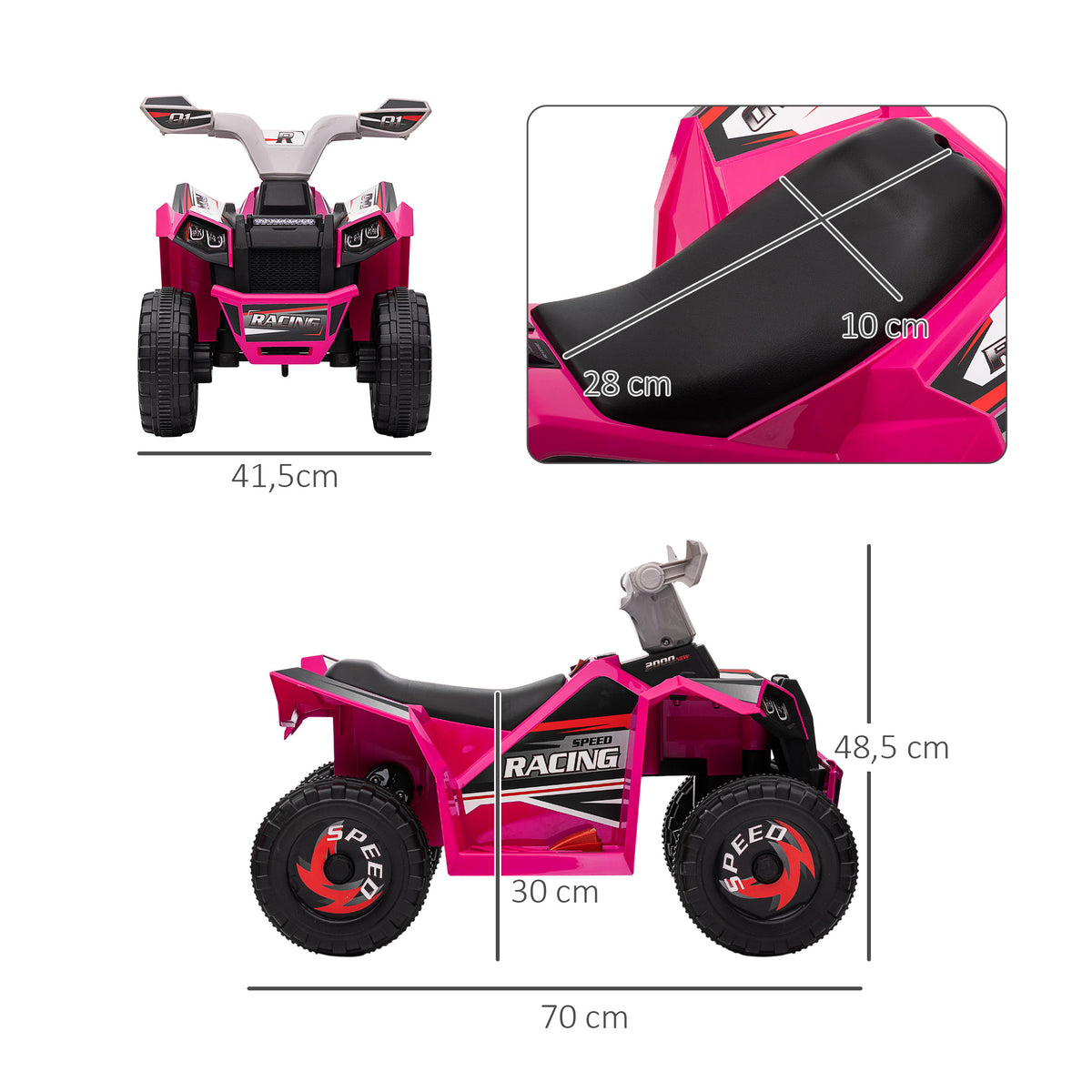 Quad électrique pour enfants véhicule à batterie 6V avec marche avant et arrière 70L x 41,5l x 48,5H cm Rose