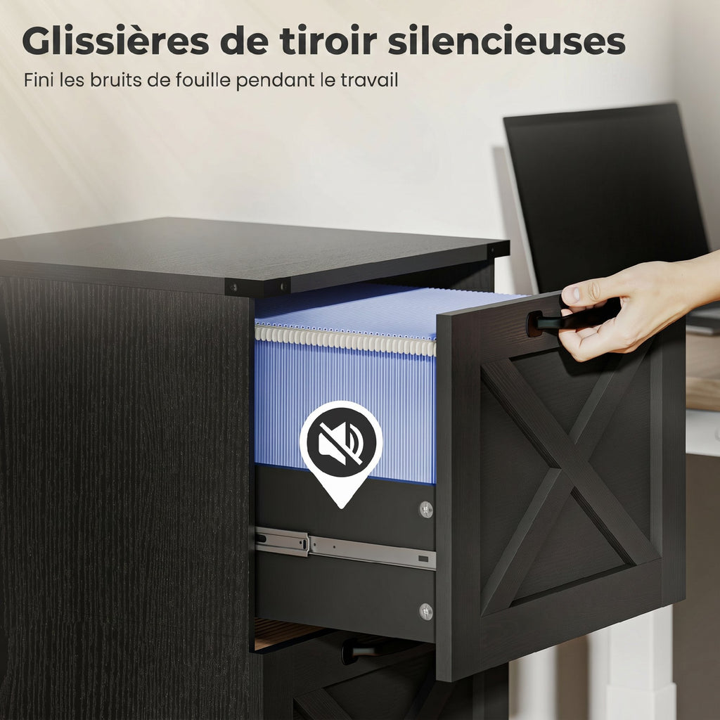 Caisson de Bureau avec 2 Tiroirs, Dossiers Suspendus pour Formats Lettre/A4, Style Rustique, 40x40x71cm, Noir