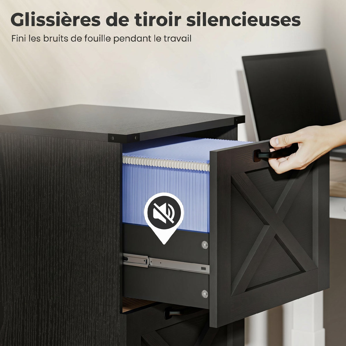 Caisson de Bureau avec 2 Tiroirs, Dossiers Suspendus pour Formats Lettre/A4, Style Rustique, 40x40x71cm, Noir