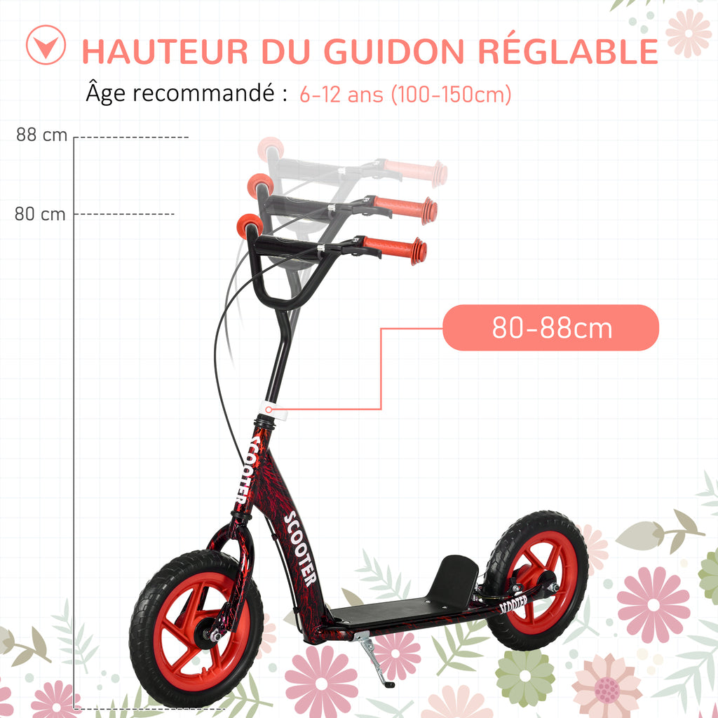 Trottinette patinette scooter enfant grandes roues de 6 à 12 ans hauteur réglable frein arrière béquille rouge