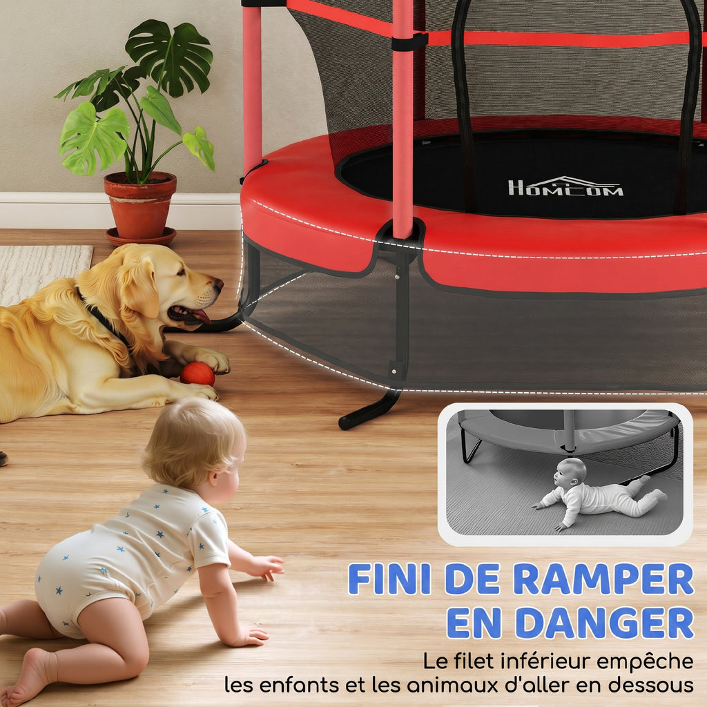 Trampoline Enfant Ø 1,63 × 1,9H m Filet de sécurité Porte zipée Couvre-Ressorts 6 poteaux rembourrés Inclus Rouge