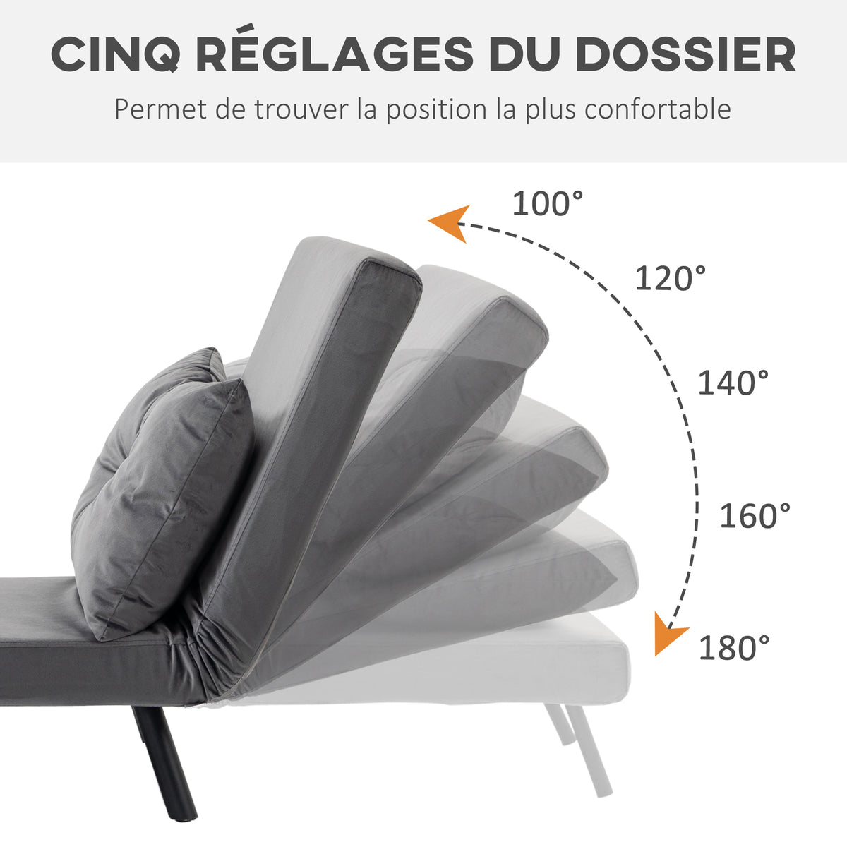 Fauteuil convertible 1 place fauteuil-lit chauffeuse 3 en 1 dossier réglable oreiller tissu velours 63x73x81cm gris