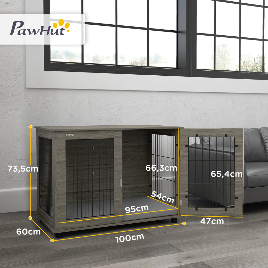 Cage pour chien 2 en 1 table d'appoint avec coussin en peluche déhoussable porte verrouillable 100 x 60 x 73,5 cm gris
