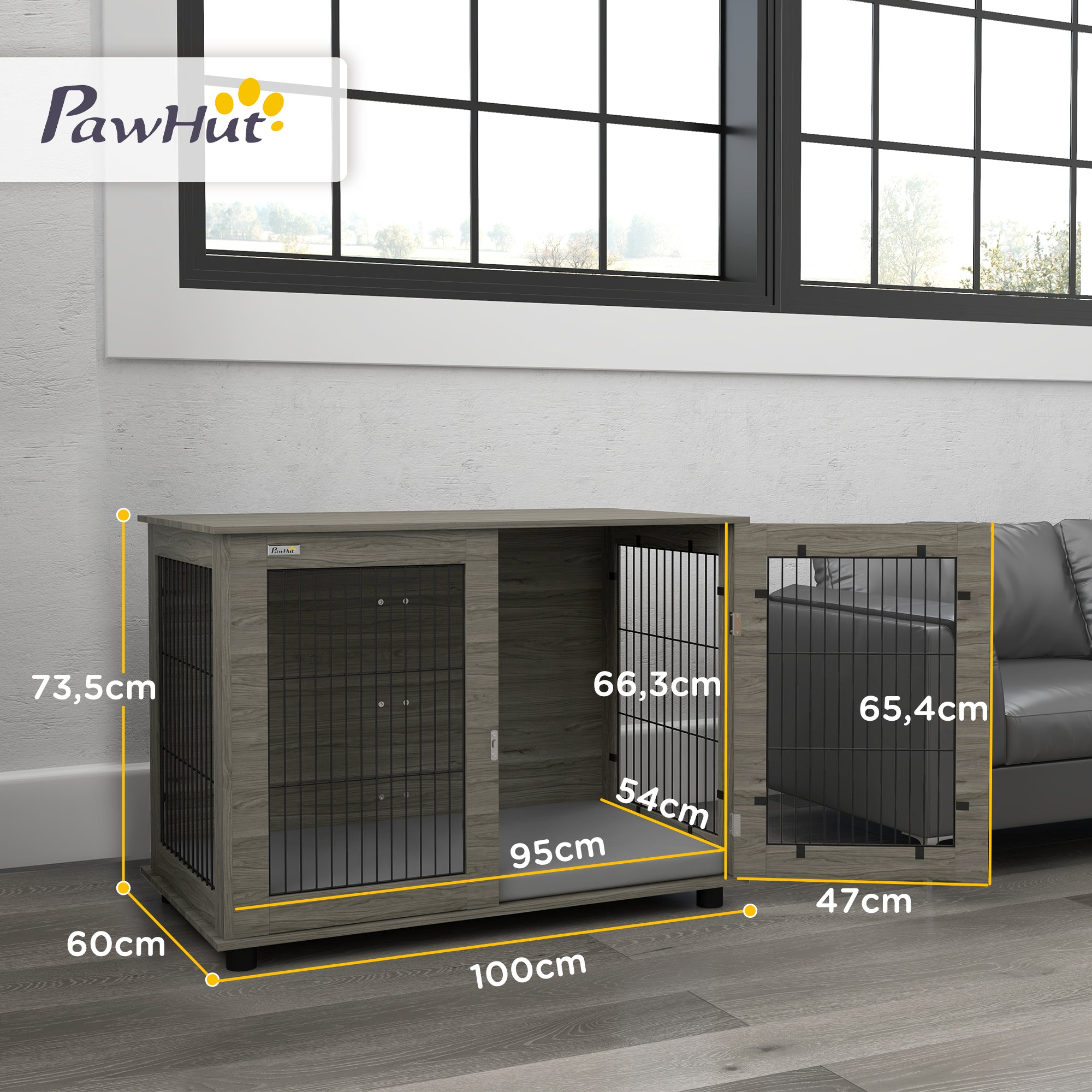 Cage pour chien 2 en 1 table d'appoint avec coussin en peluche déhoussable porte verrouillable 100 x 60 x 73,5 cm gris