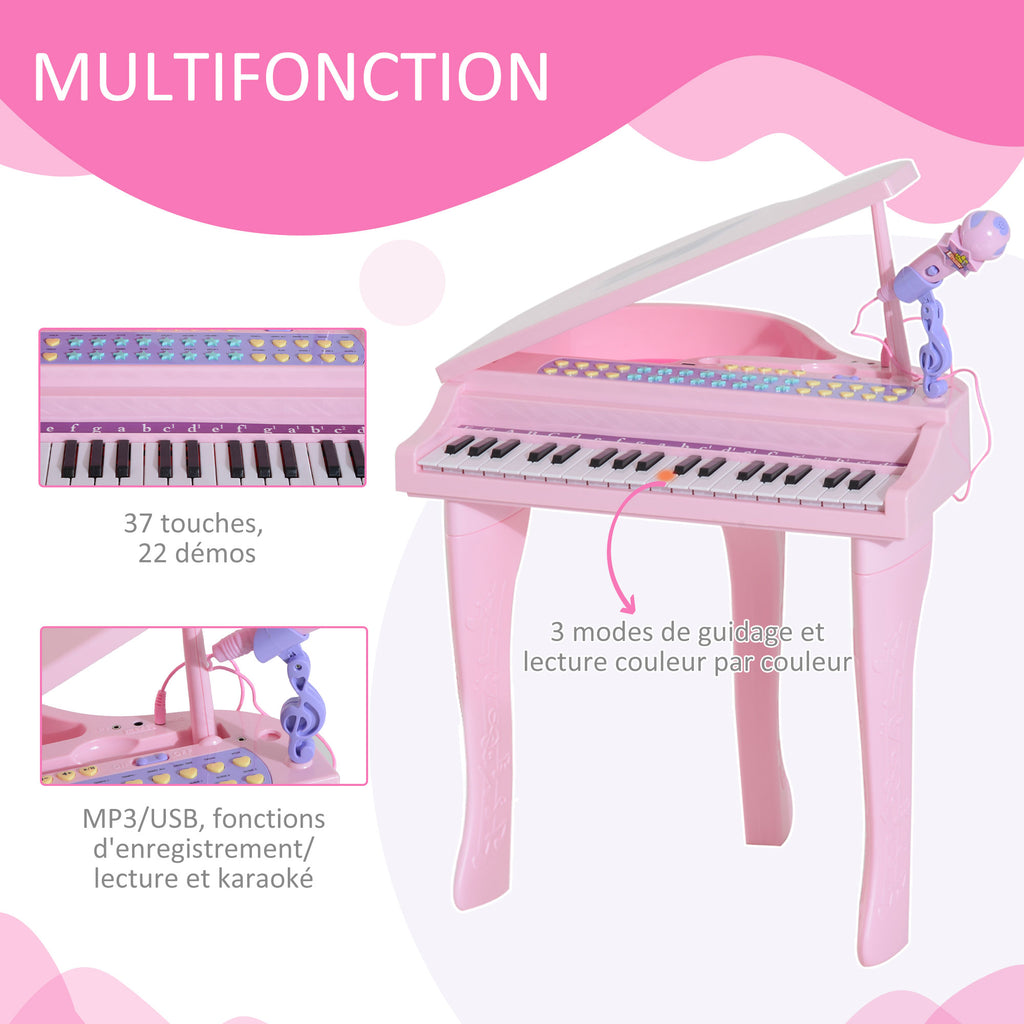 Piano à Queue électronique 37 Touches Multifonctions avec Micro Haut Parleur Rose