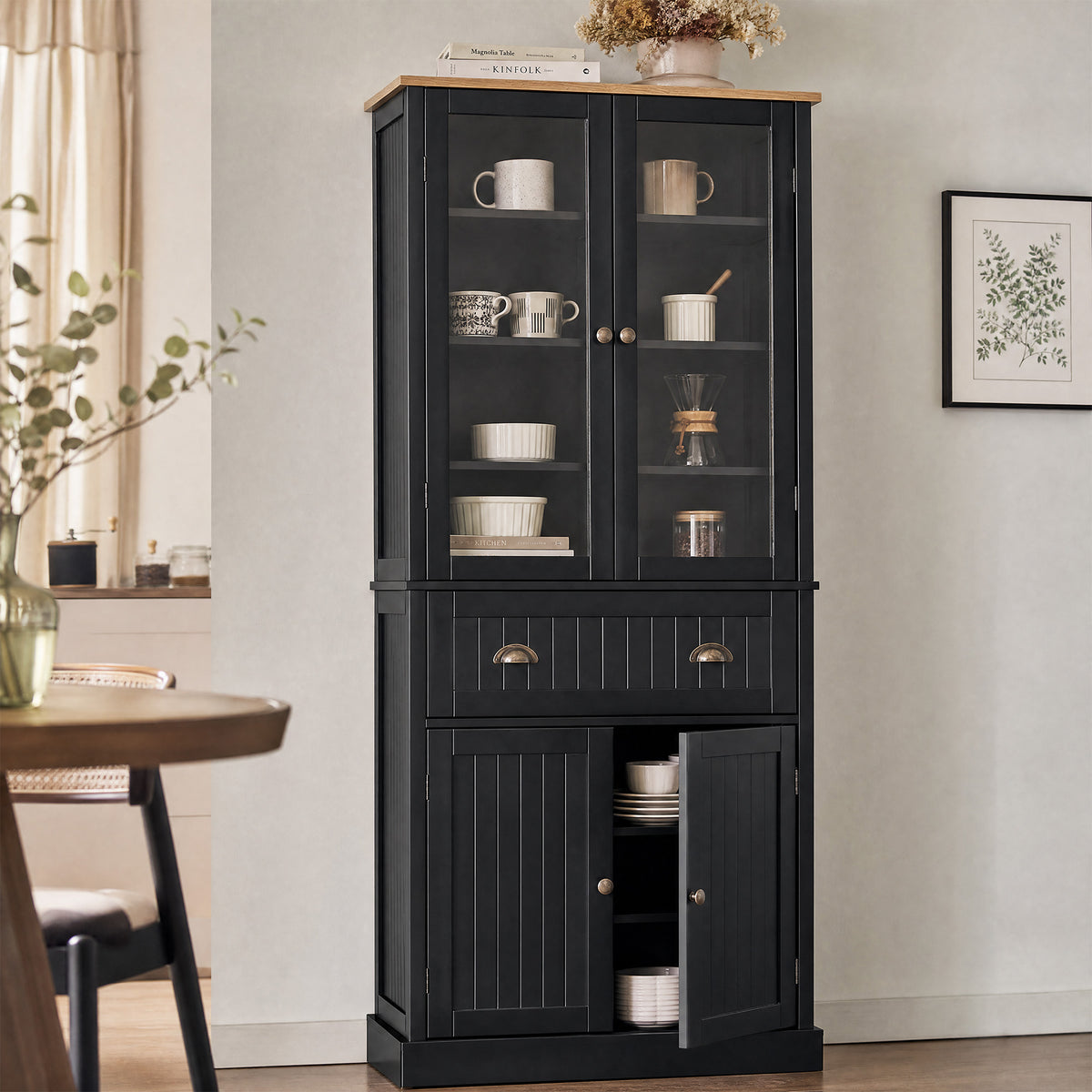 Buffet meuble cuisine rangement armoire de cuisine 4 portes dont 2 portes vitrées et 1 tiroir étagères réglables - noir