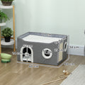 Niche Chat Interieur Pliable avec Griffoir, Lit Surélevé, Entrées, Jouet Suspendu, Coussin Réversible, 60x40x34cm, Gris
