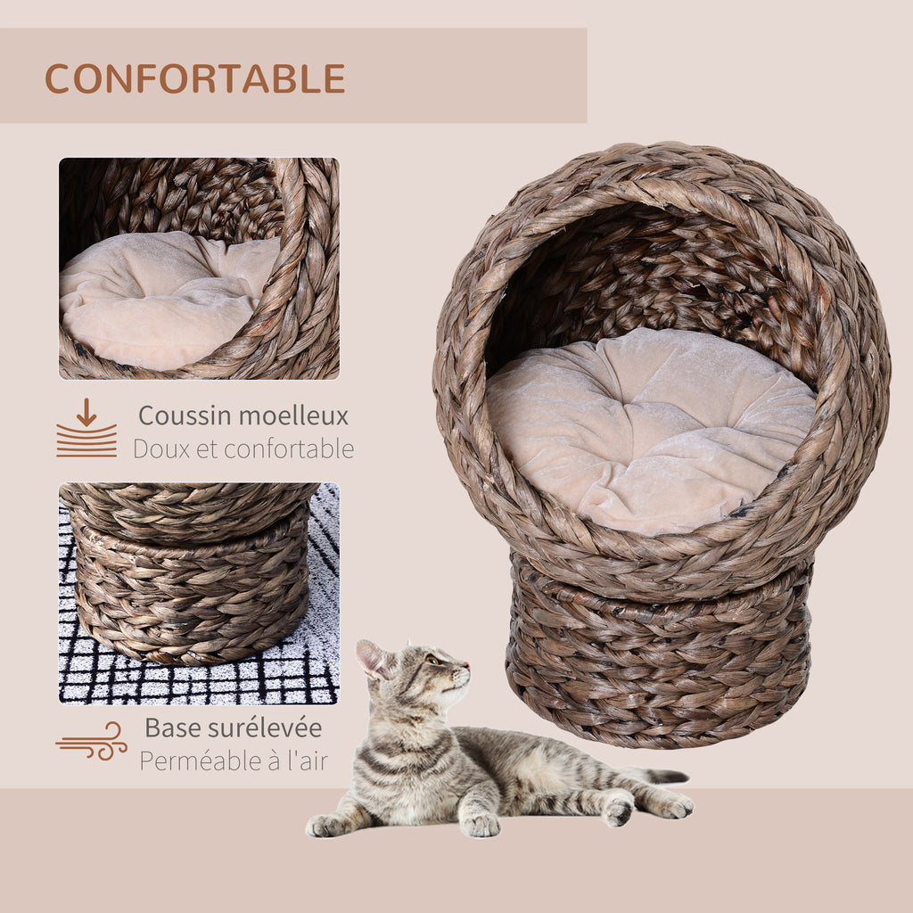 Panier lit surélevé pour chat, niche grotte cosy grand confort, dim. 40L x 37l x 51H cm coussin moelleux beige inclus