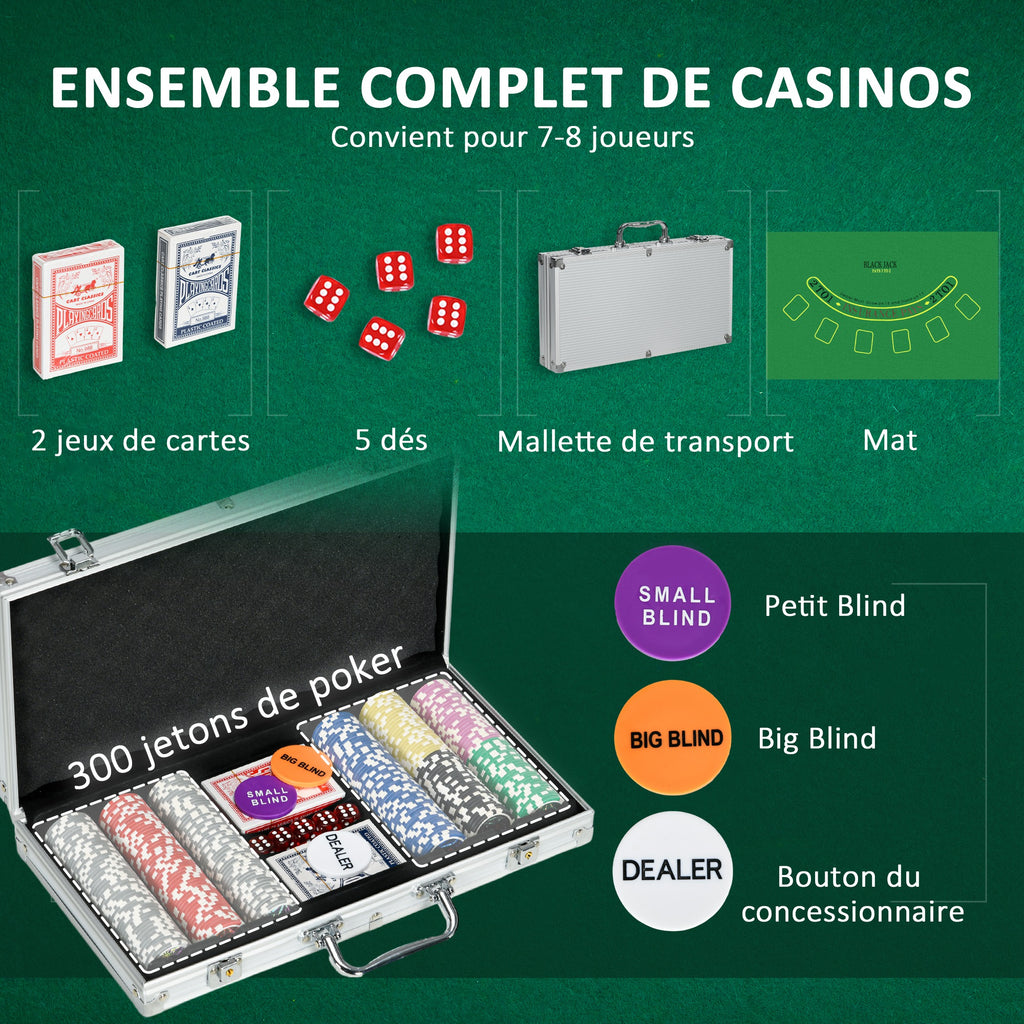 Mallette de Poker Coffret de Poker Complet, verrouillable, avec 300 jetons 2 Jeux de Cartes 3 boutons 1 Tapis en Feutre