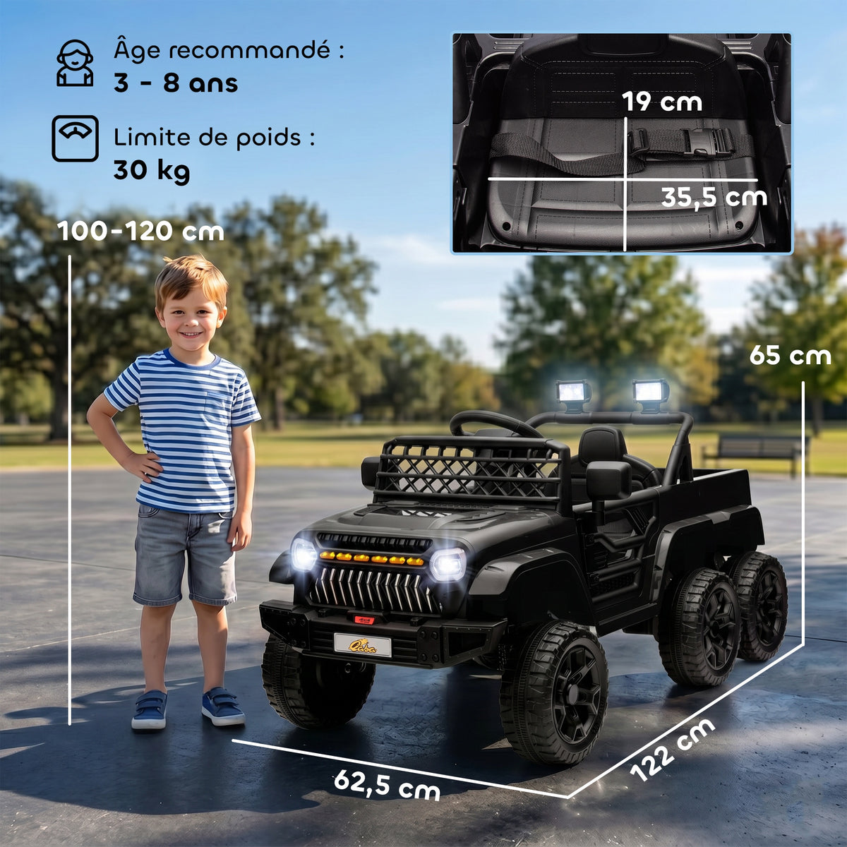 Voiture électrique enfant buggy électrique enfant 2 moteurs 12 V 3 vitesses remorque arrière 122L x 62,5l x 65H cm noir