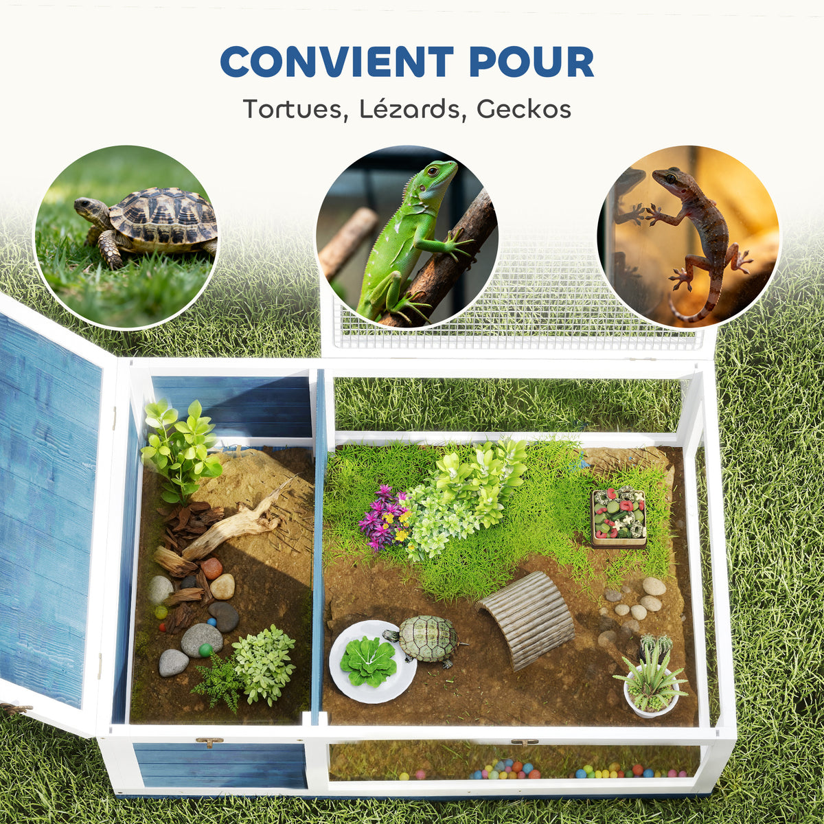 Maison enclos cage habitat pour petit animal tortues avec 2 espaces 91 x 60,5 x 32 cm bois massif bleu