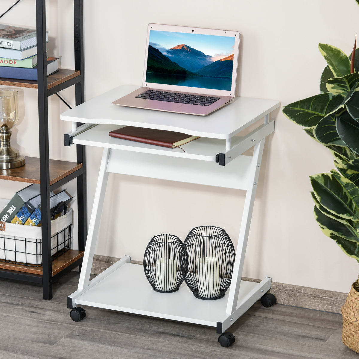 Bureau Informatique Roulant - Bureau Mobile - Table d'ordinateur - Tablette coulissante Clavier + étagère - Blanc