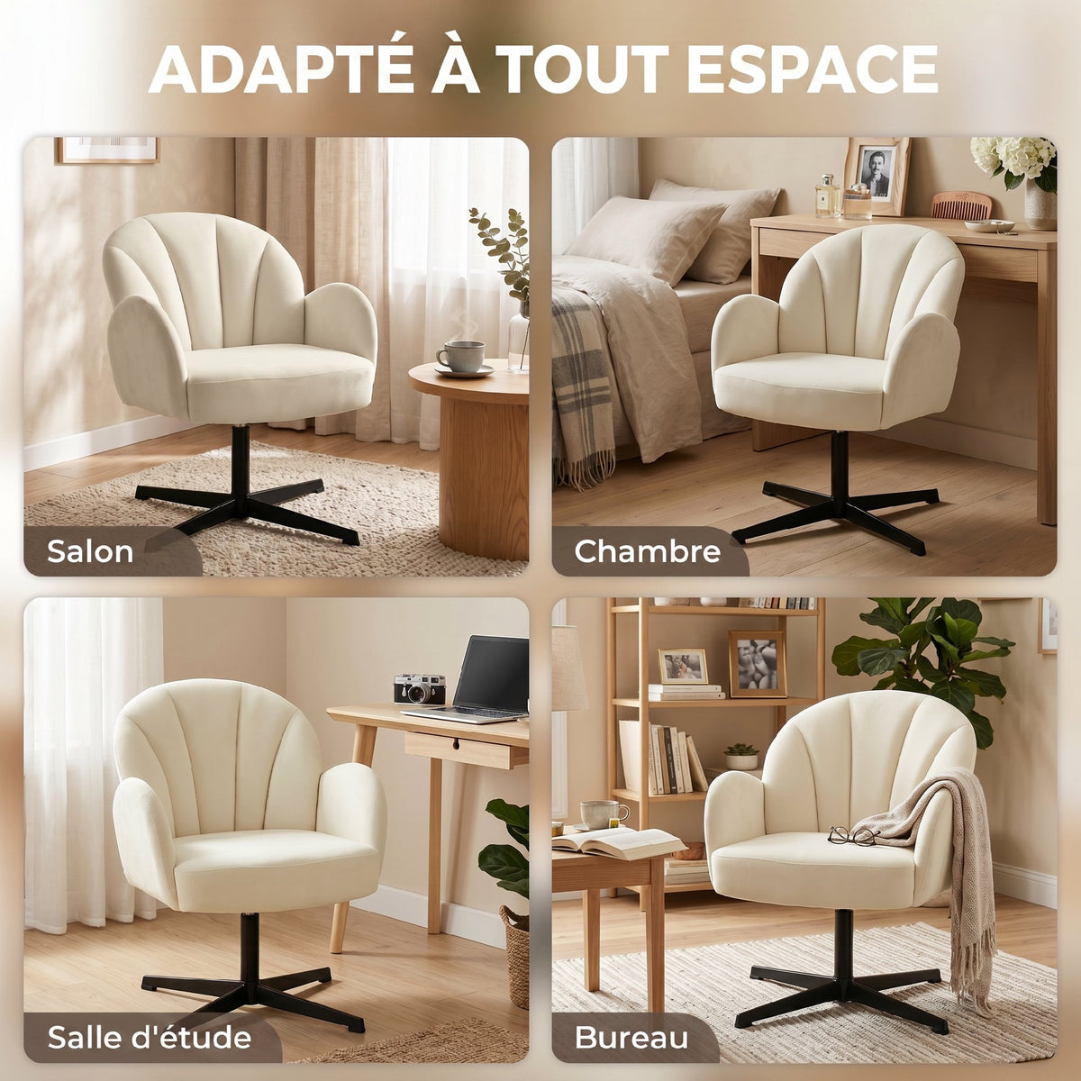 Fauteuil salon pivotant fauteuil d'appoint rembourré en velours dossier en forme de coquille coussin à ressorts beige