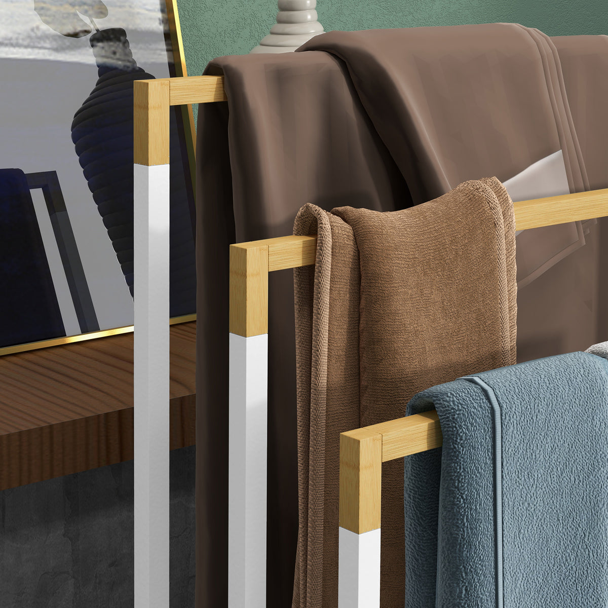 Porte-serviettes en bambou et acier sur pieds avec 3 barres support pour serviette 45 x 22,5 x 86 cm blanc et naturel