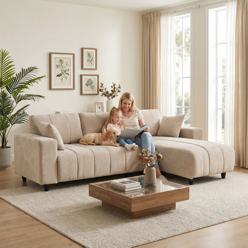 Canapé d'Angle Modulable 242 cm, Canapé 4 Places en L avec Méridienne Réversible, 2 Oreillers, Tissu Aspect Lin, Beige