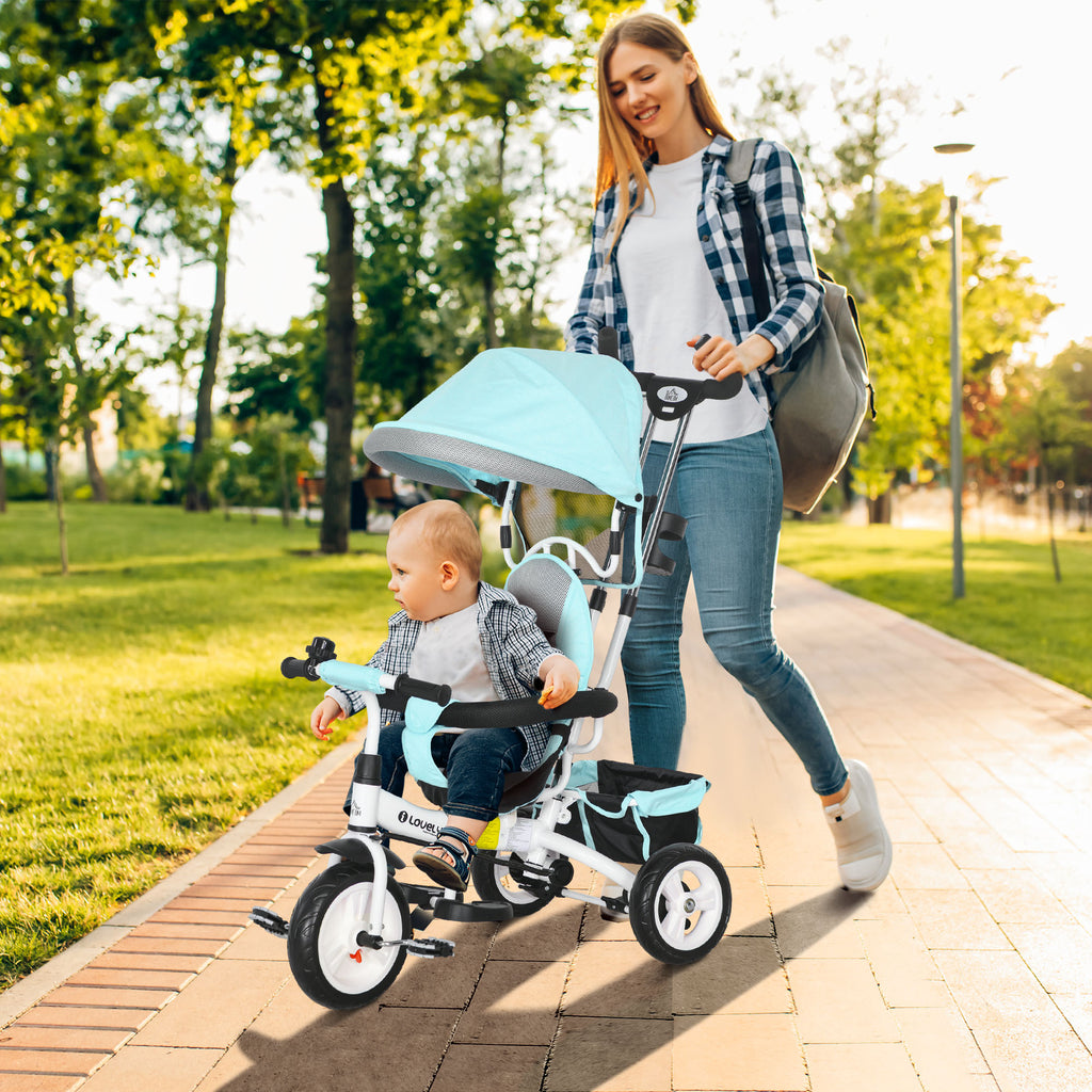 Tricycle 6 en 1 pour enfants, auvent, ceinture de sécurité 5 points, rangement, repose-pieds, frein, 1-5 ans, vert