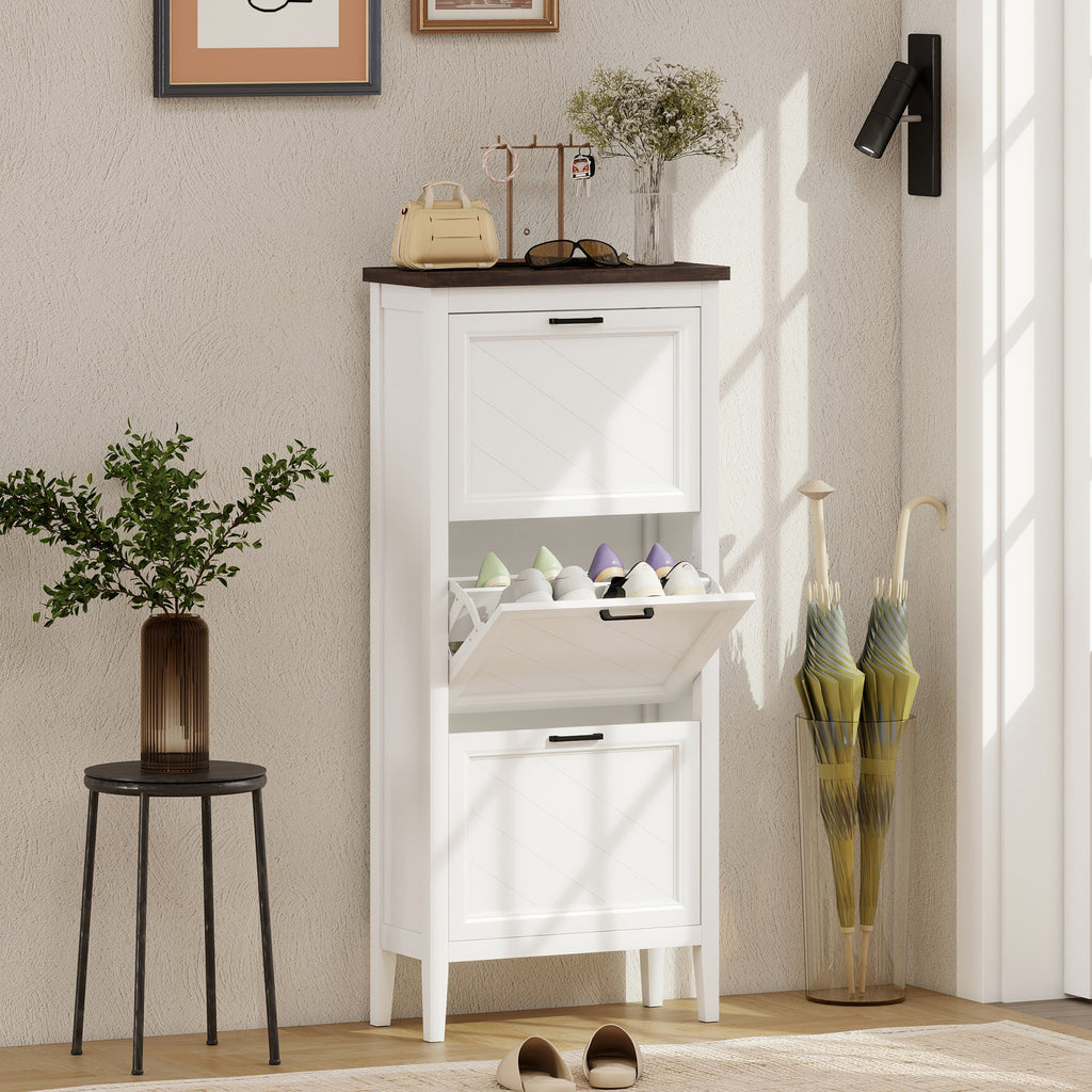 Meuble à chaussures 18 paires, armoire à chaussures étroite avec 3 tiroirs rabattables et étagères réglables, blanc