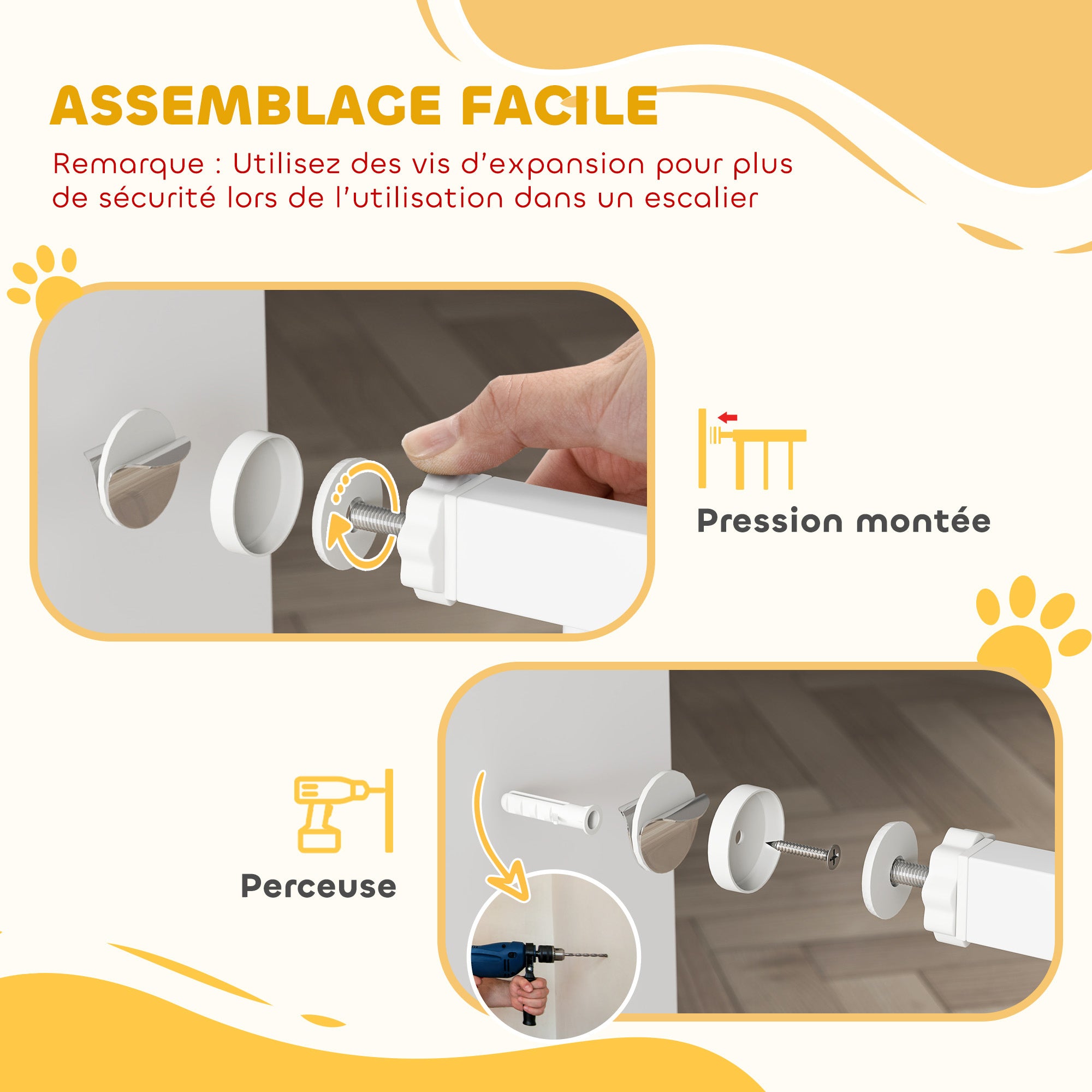 Barrière de sécurité pour chiens et bébés 76 à 80 cm avec extension fixation par pression sans perçage 76 à 80cm blanc
