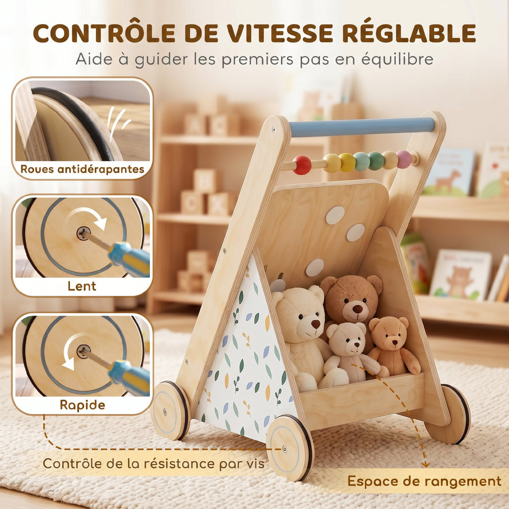 Trotteur Bebe en Bois, Chariot de Marche Bébé avec Centre d'Activités, Vitesse Réglable et 5 Blocs, dès 18 Mois, Naturel