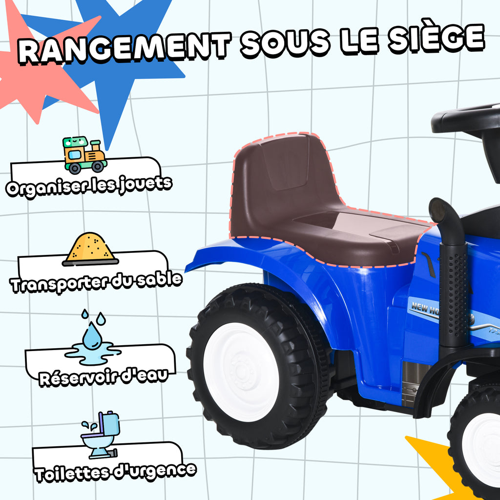 Porteur tracteur enfants avec coffre amovible, râteau et pelle, voiture enfants avec lumière LED et klaxon, bleu