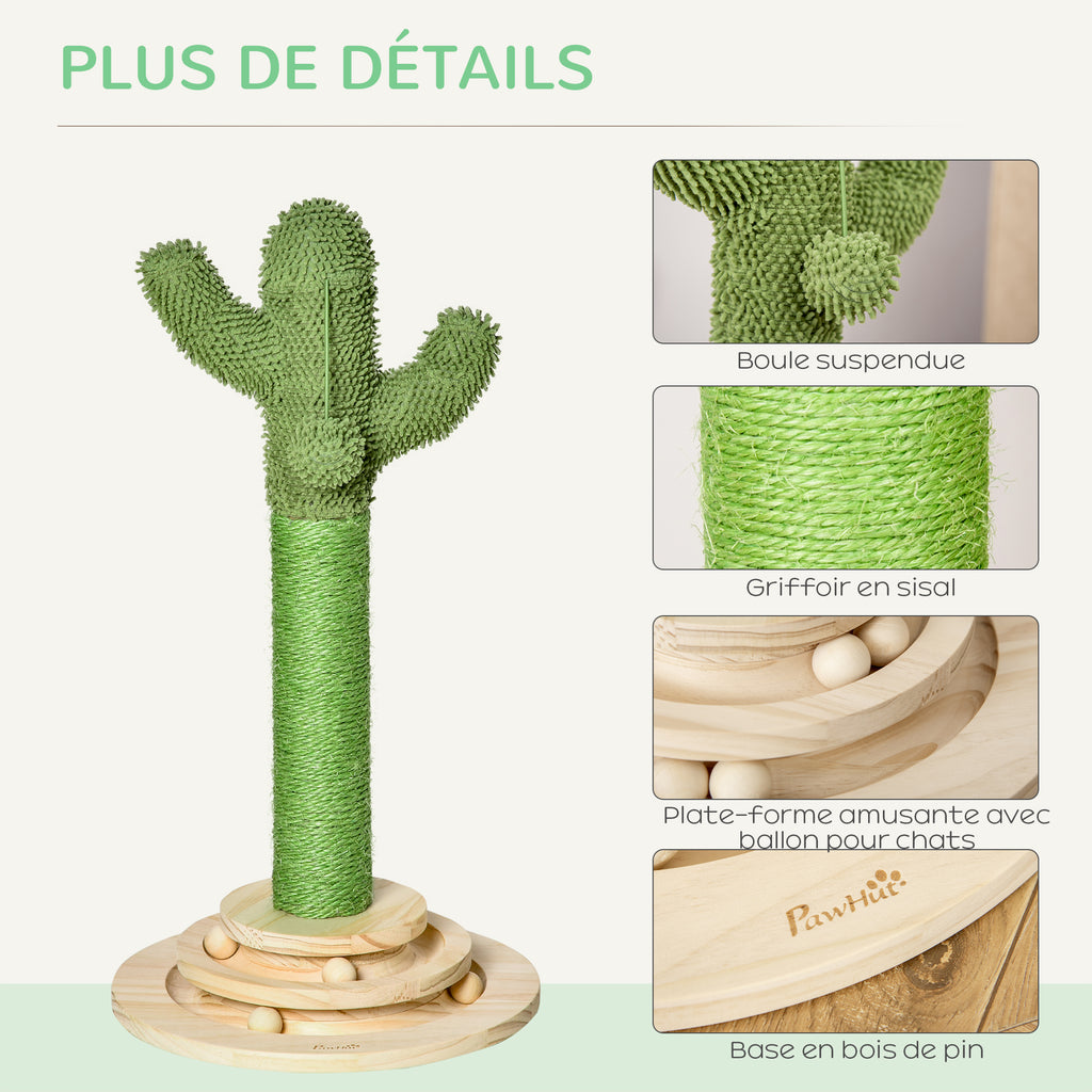 Arbre à chat griffoir forme de cactus en sisal naturel pompon suspendu et plateforme de jeu boules Ø 32 x 60 cm vert