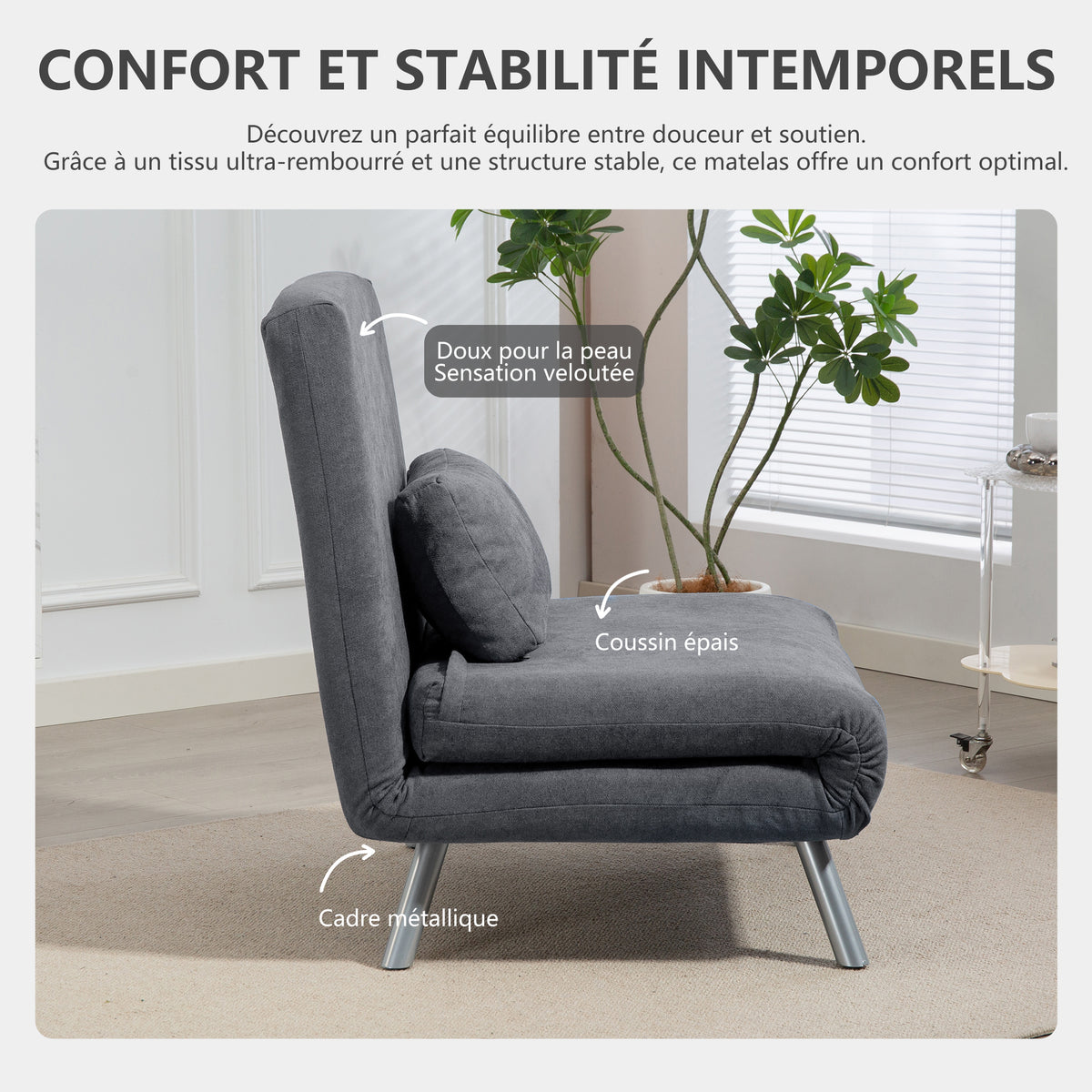 Fauteuil convertible 1 place, fauteuil-lit clic-clac 3 en 1 avec dossier réglable, oreiller, assise large, gris foncé